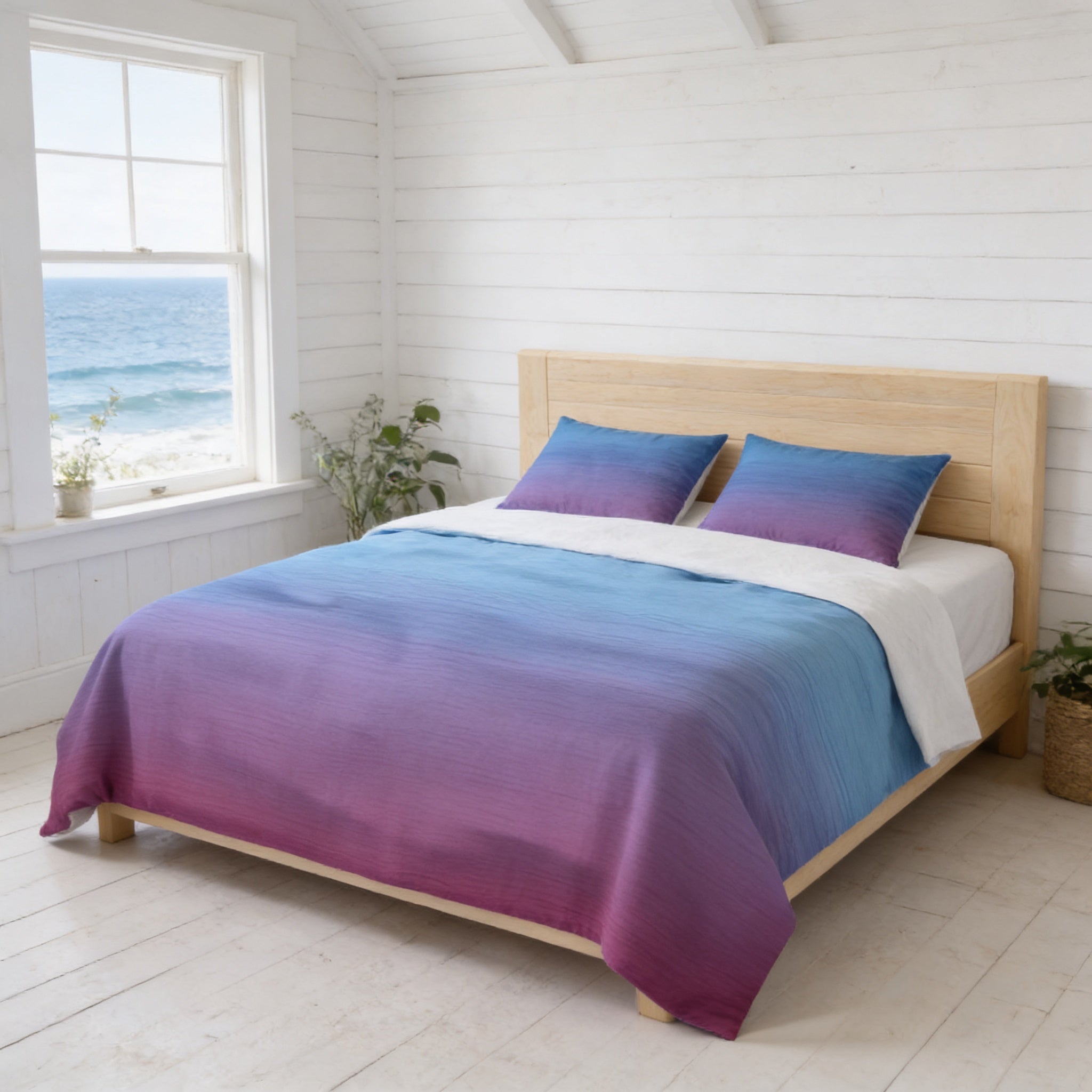 a serene bedroom scene with a bed featuring a purple and blue gradient comforter and matching pillows. The bed is positioned against a white wall, and a window with a view of the ocean can be seen on the left side of the room. The room also contains a potted plant and a basket, adding to the cozy and inviting atmosphere.