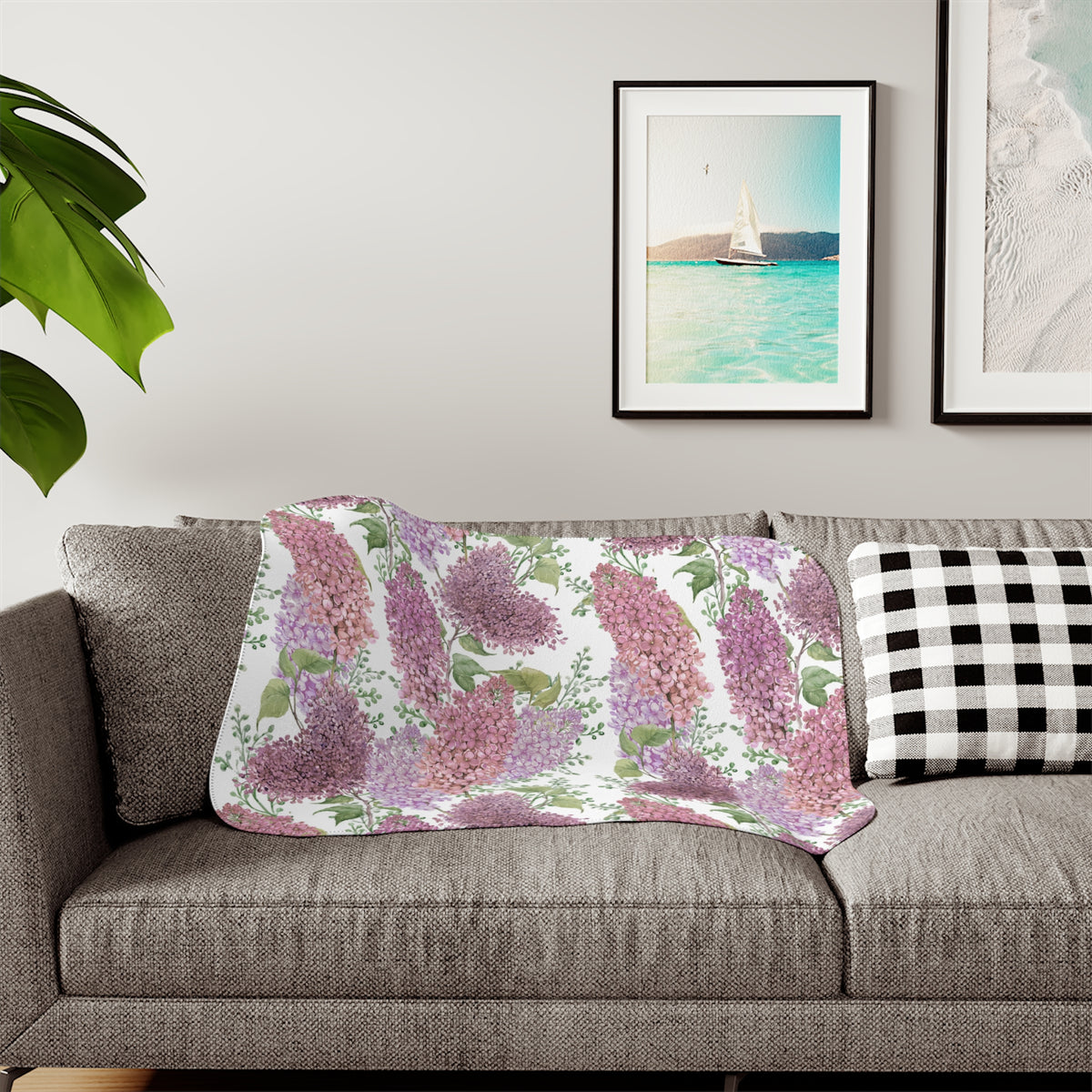 Pink Lavender Watercolor Lilac Sherpa Blanket | Spring Floral Throw