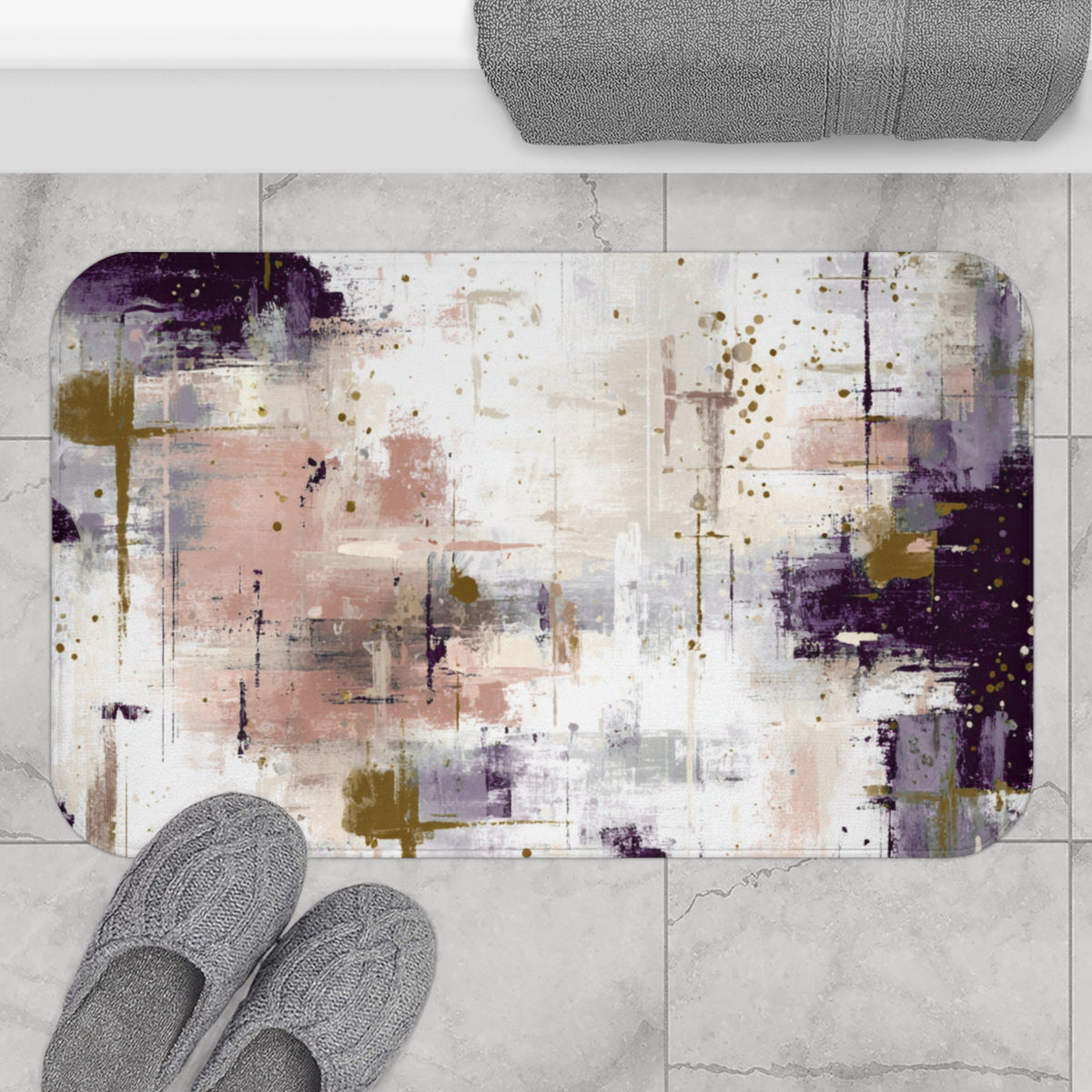 Plum Blush Brushstroke Abstract Bath Mat, Modern Bathroom Rug