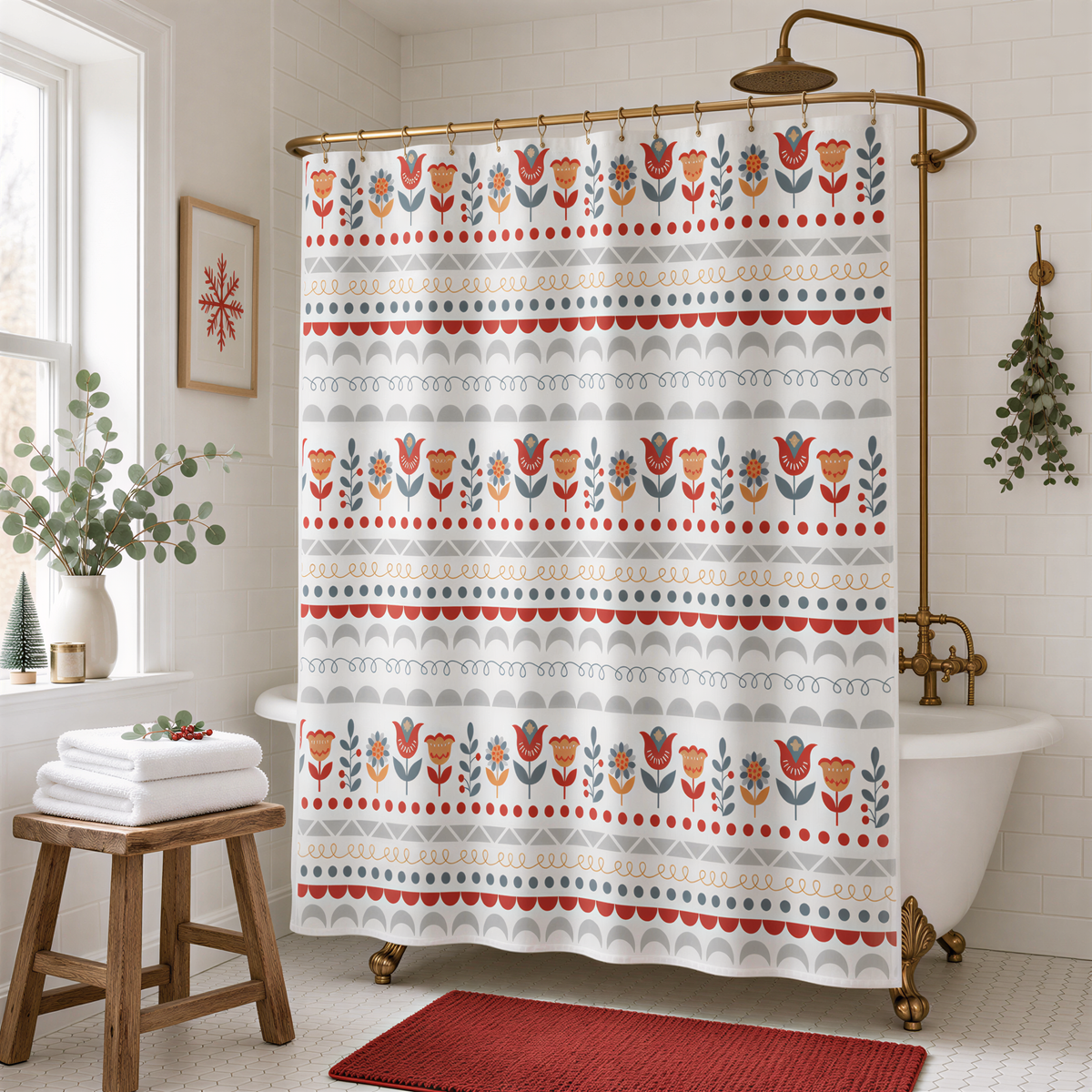 a bathroom with a white bathtub, a wooden stool, and a red rug. The shower curtain has a pattern of red and white flowers and leaves.