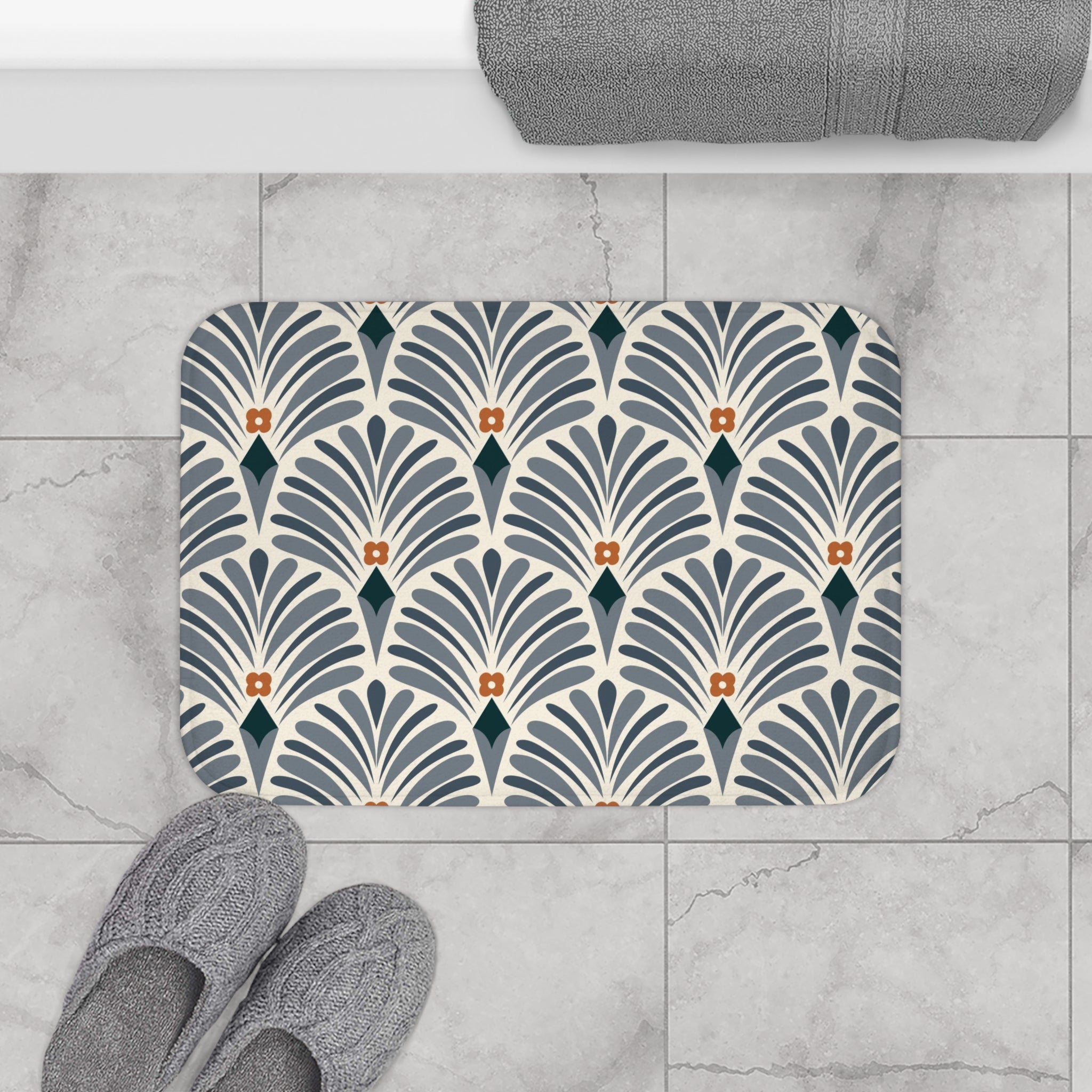 Retro Bath Mat | Navy Blue, Beige Rust Art Nouveau