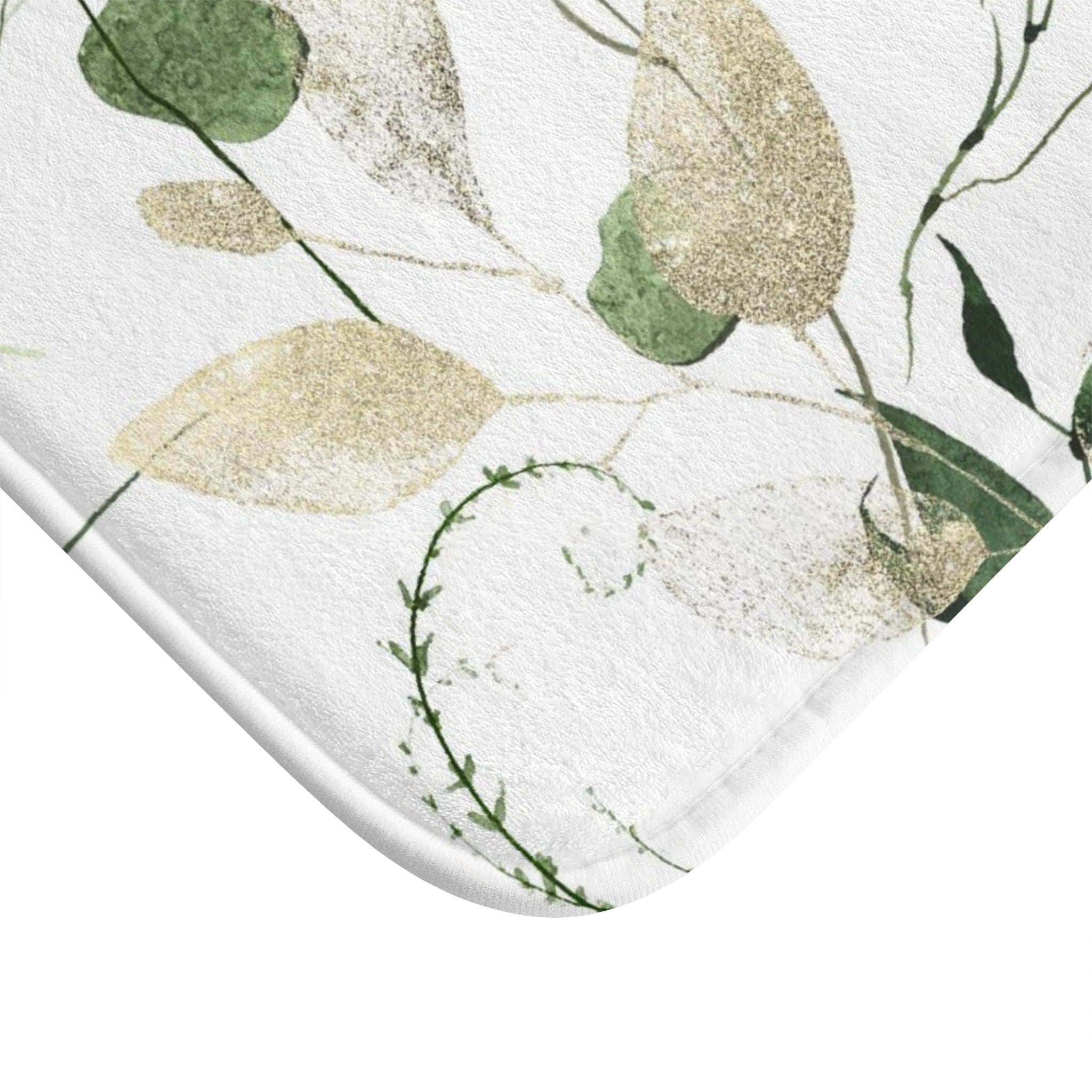 Floral Boho Bath, Kitchen Mat, Rug | Watercolor White Forest Green Leaves