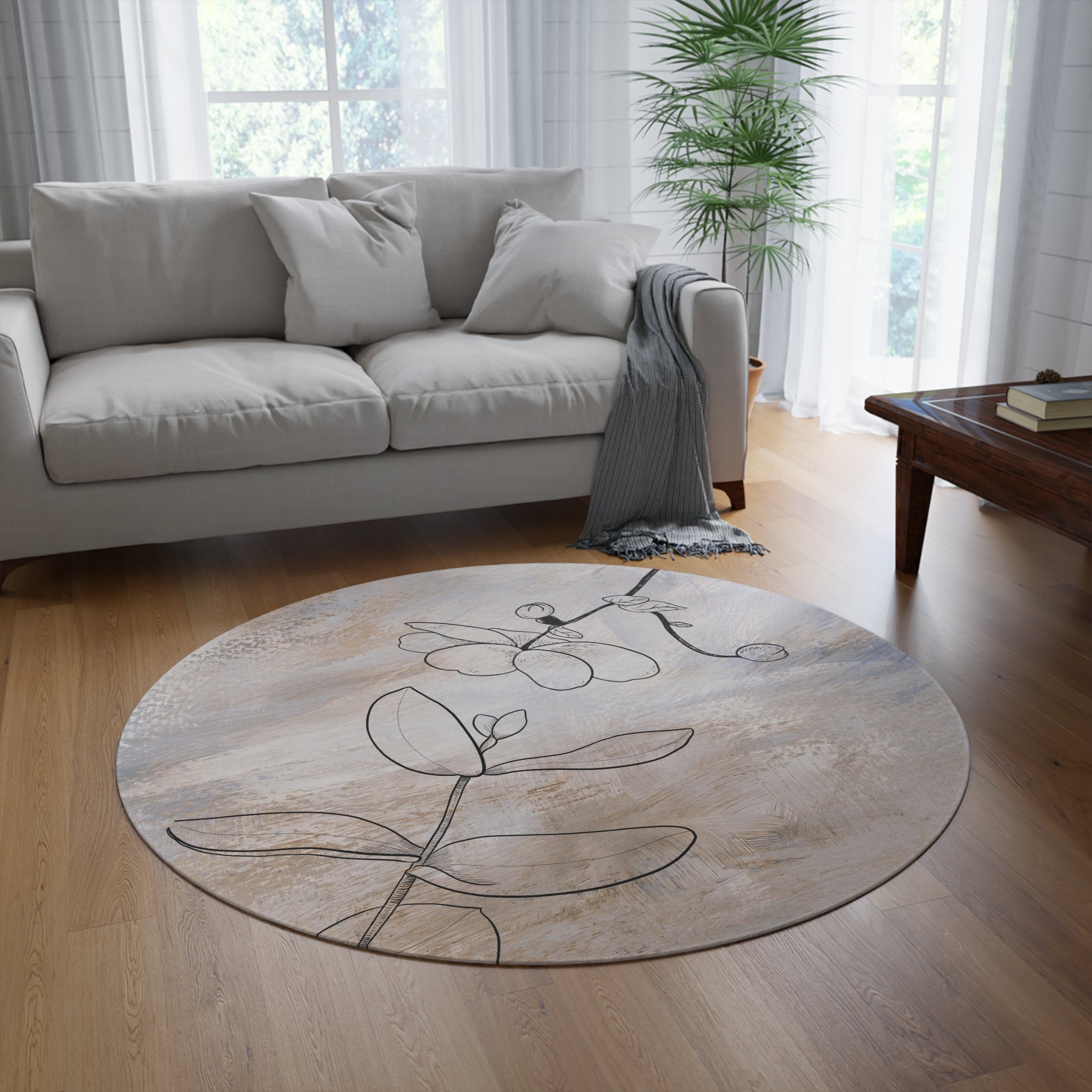 Beige Round Area Rug | Retro Earthy, Neutral Floral Line Art