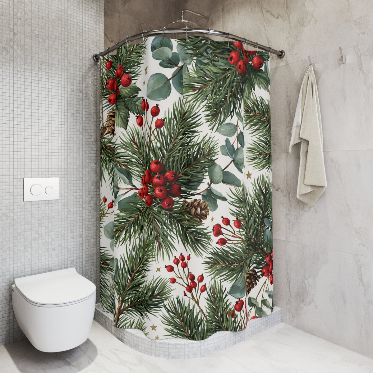 Red Holly Berry Eucalyptus Shower Curtain, Bath Curtain 71x74