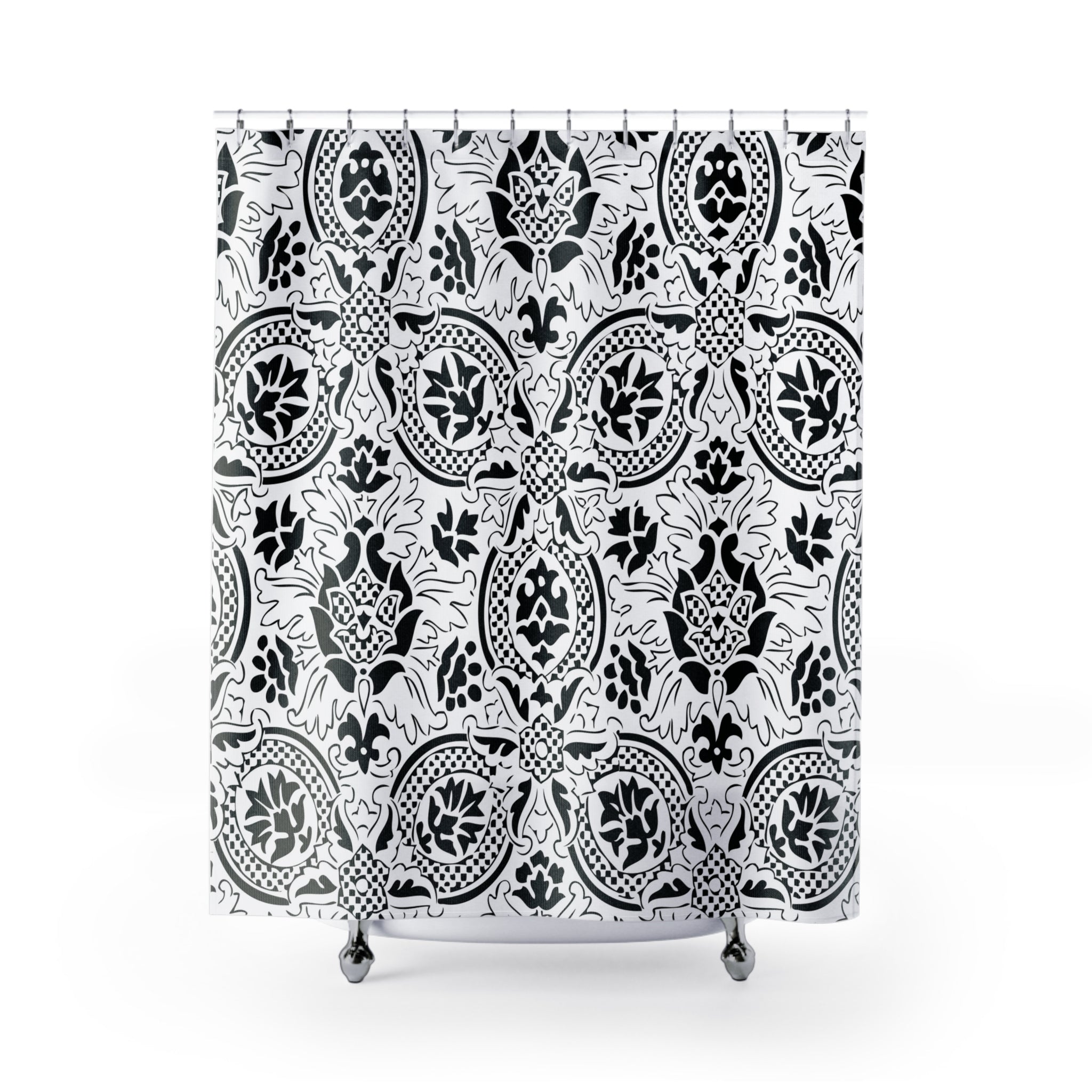 a shower curtain with a black and white pattern