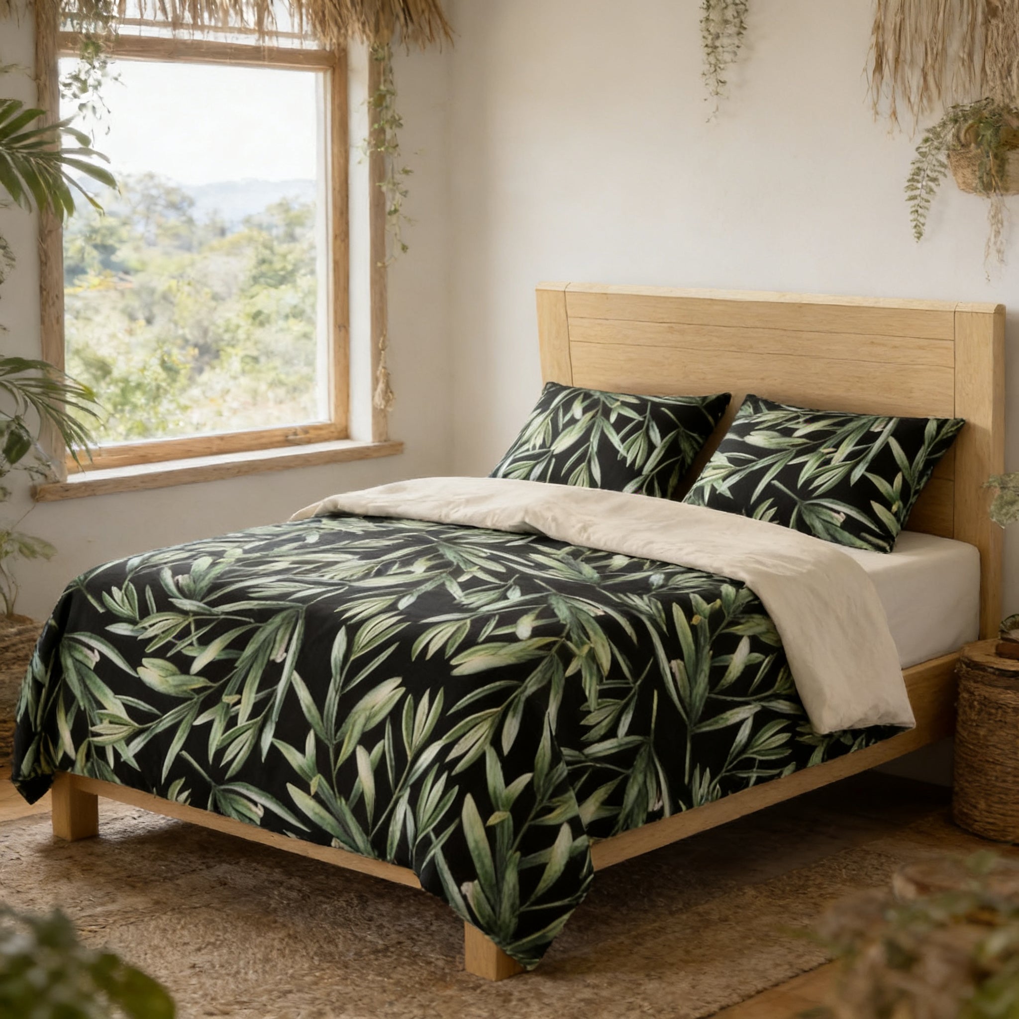 a bedroom with a bed covered in a black and green leafy patterned comforter and pillows. The bed is positioned in front of a window, which offers a view of the outdoors. The room also features various plants and decorative elements, creating a cozy and natural atmosphere.