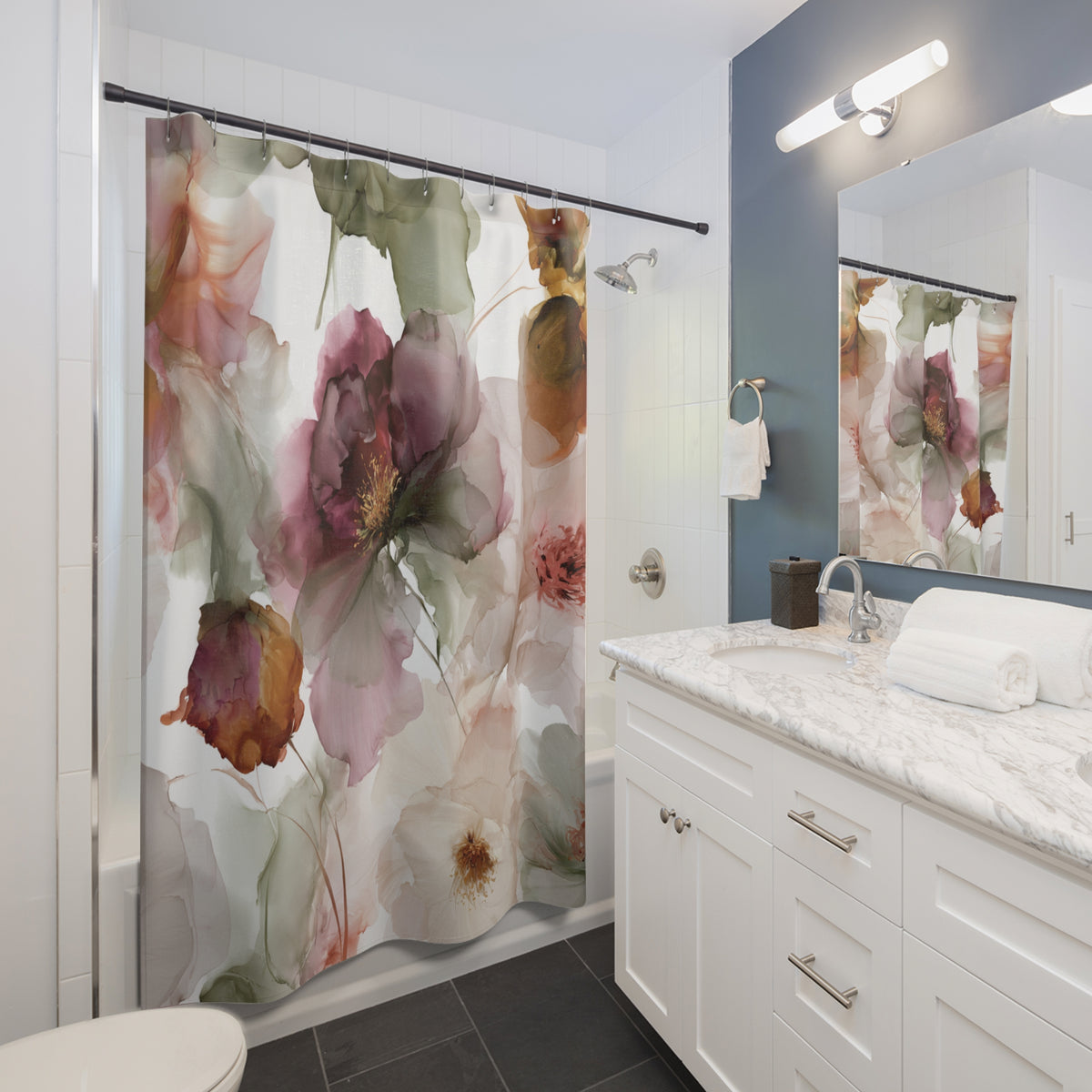 Blush Sage Watercolor Floral Shower Curtain, Bath Curtain 71x74