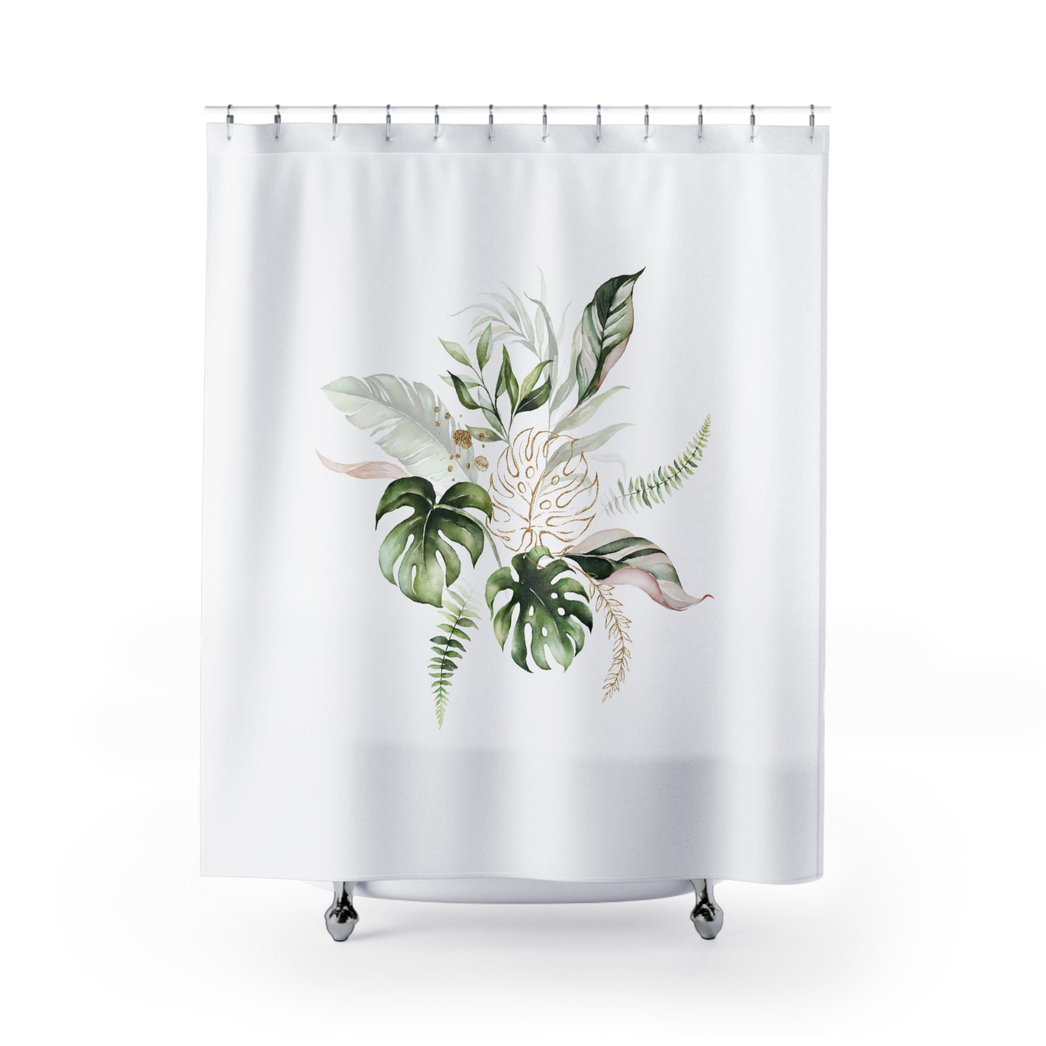 Boho Shower Curtain | White Green Monstera Tropical Leaves