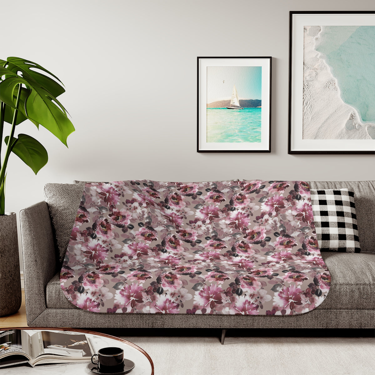 Burgundy Pink Watercolor Peony Sherpa Blanket | Moody Floral Throw