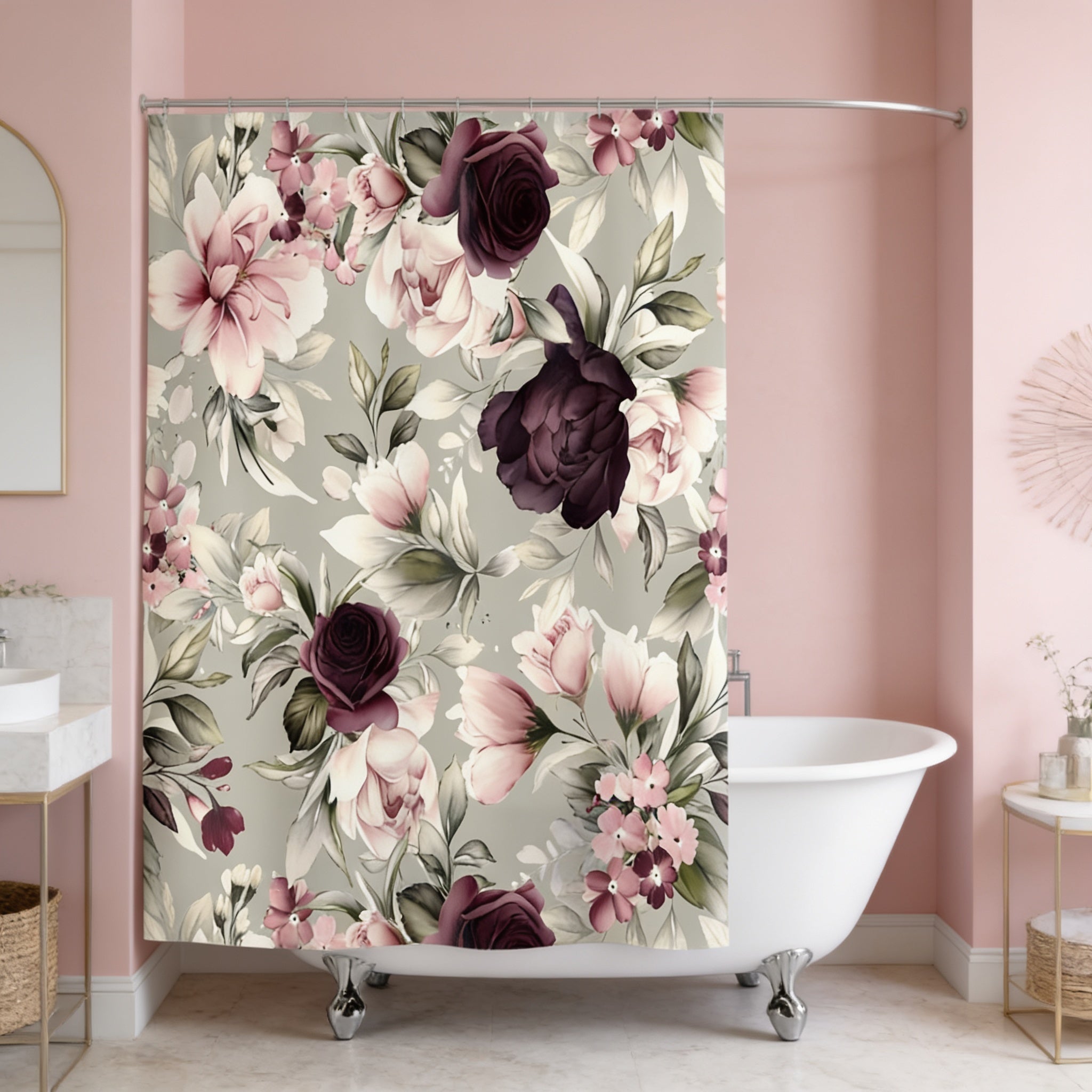 a bathroom with a white bathtub and a shower curtain with a floral pattern in shades of pink, white, and purple.