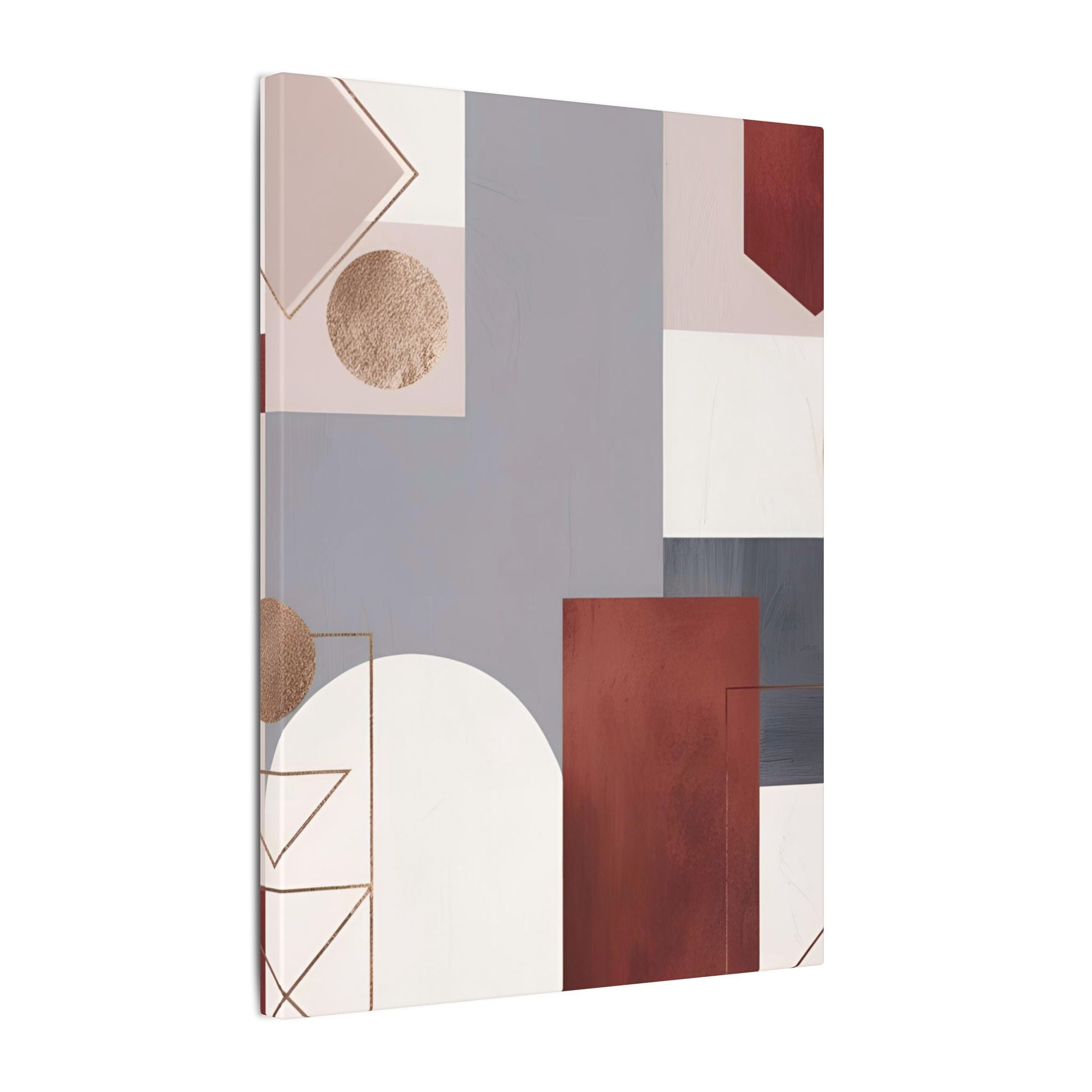 The image is a modern abstract art piece featuring a variety of geometric shapes and patterns in shades of gray, red, and white.
