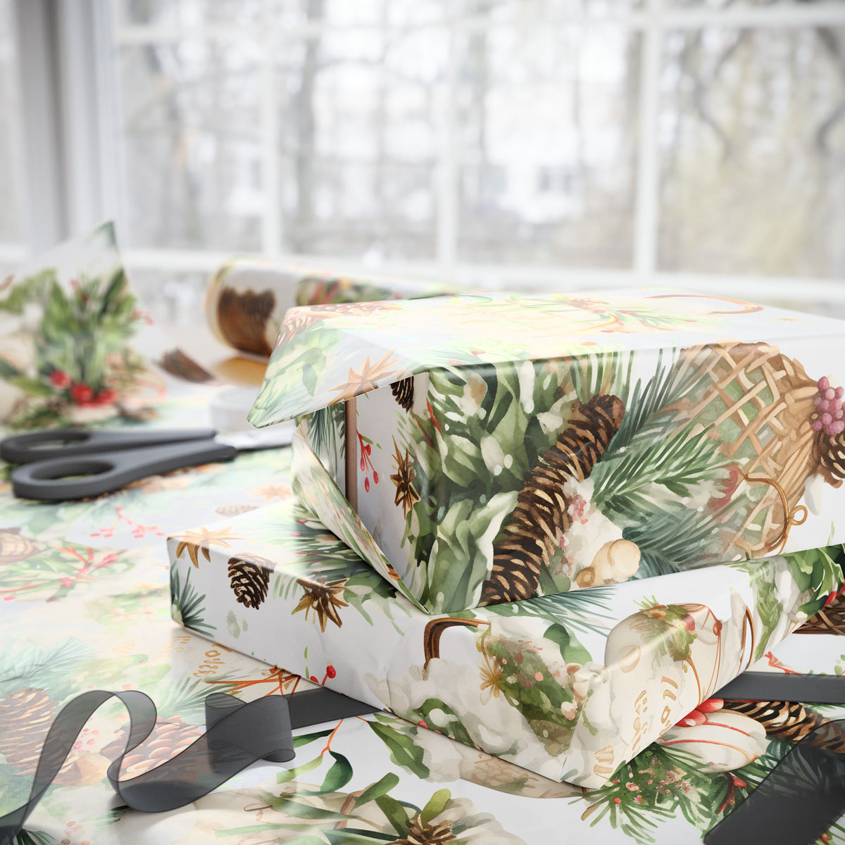 Pine Cone Basket Winter Greenery Wrapping Paper, Gift Wrap