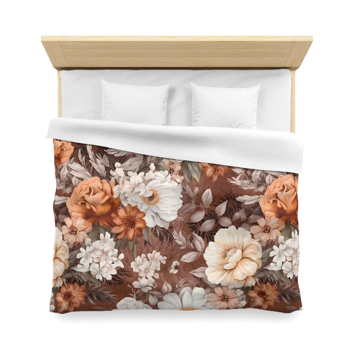 a bed with a floral print duvet cover featuring a variety of flowers in shades of brown, white, and orange.