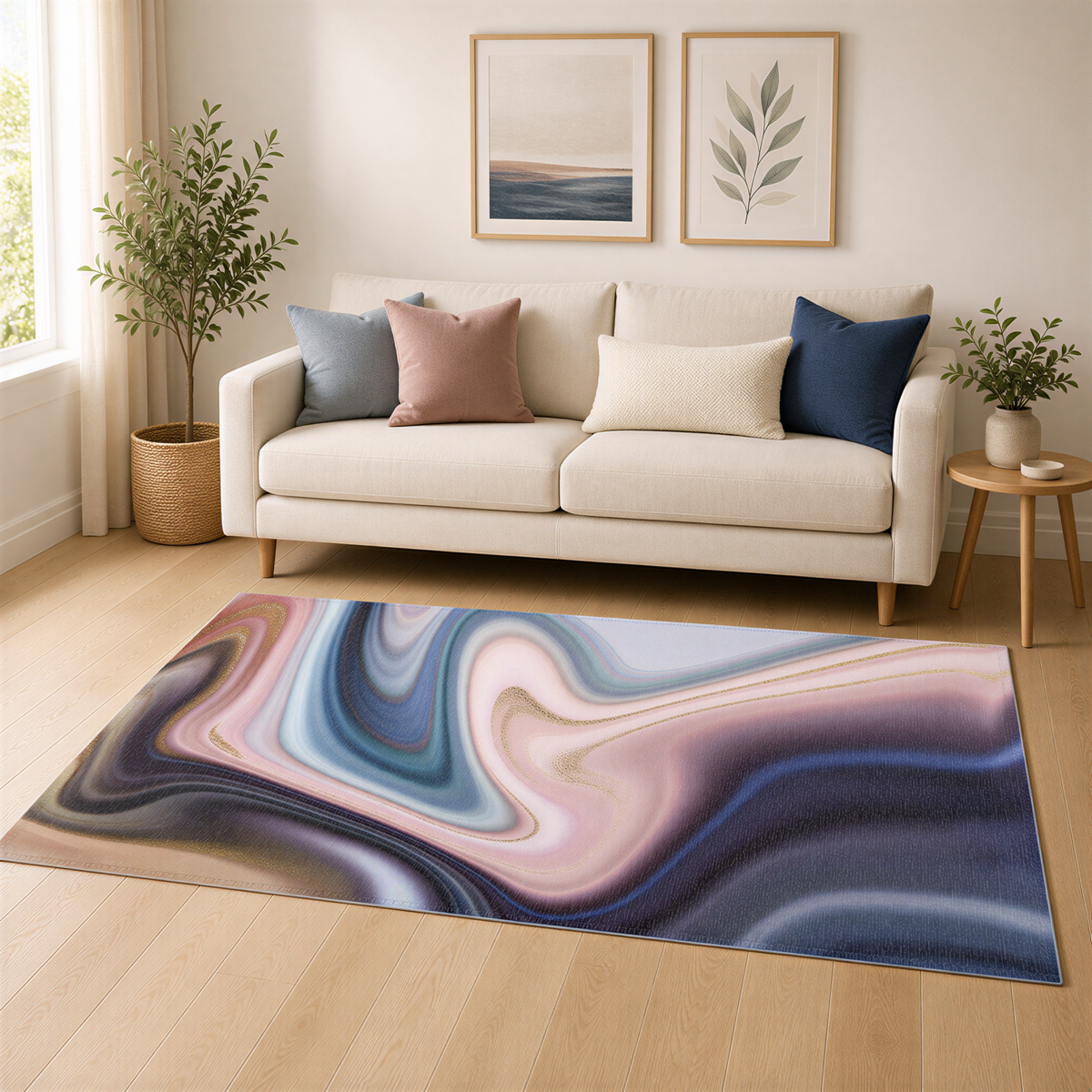 a living room with a white sofa, a large abstract rug, and two potted plants. The room has a minimalist and modern design, with a large abstract rug on the wooden floor.