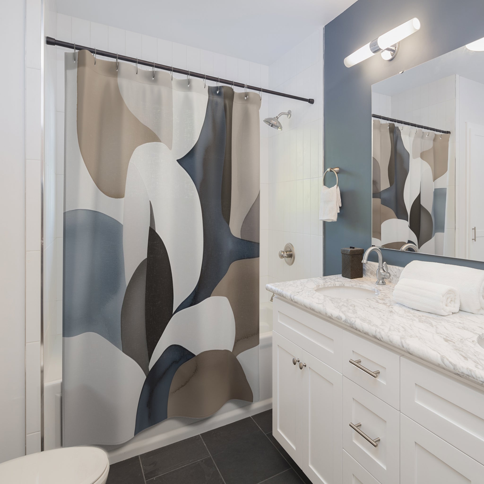 Abstract Shower Curtain | Navy Blue, Taupe White