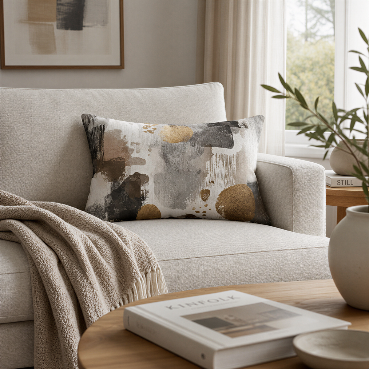 a cozy living room with a beige sofa, a decorative throw blanket, and a wooden coffee table. There is a book titled "KINFOLK" on the coffee table, and a plant is visible in the background.
