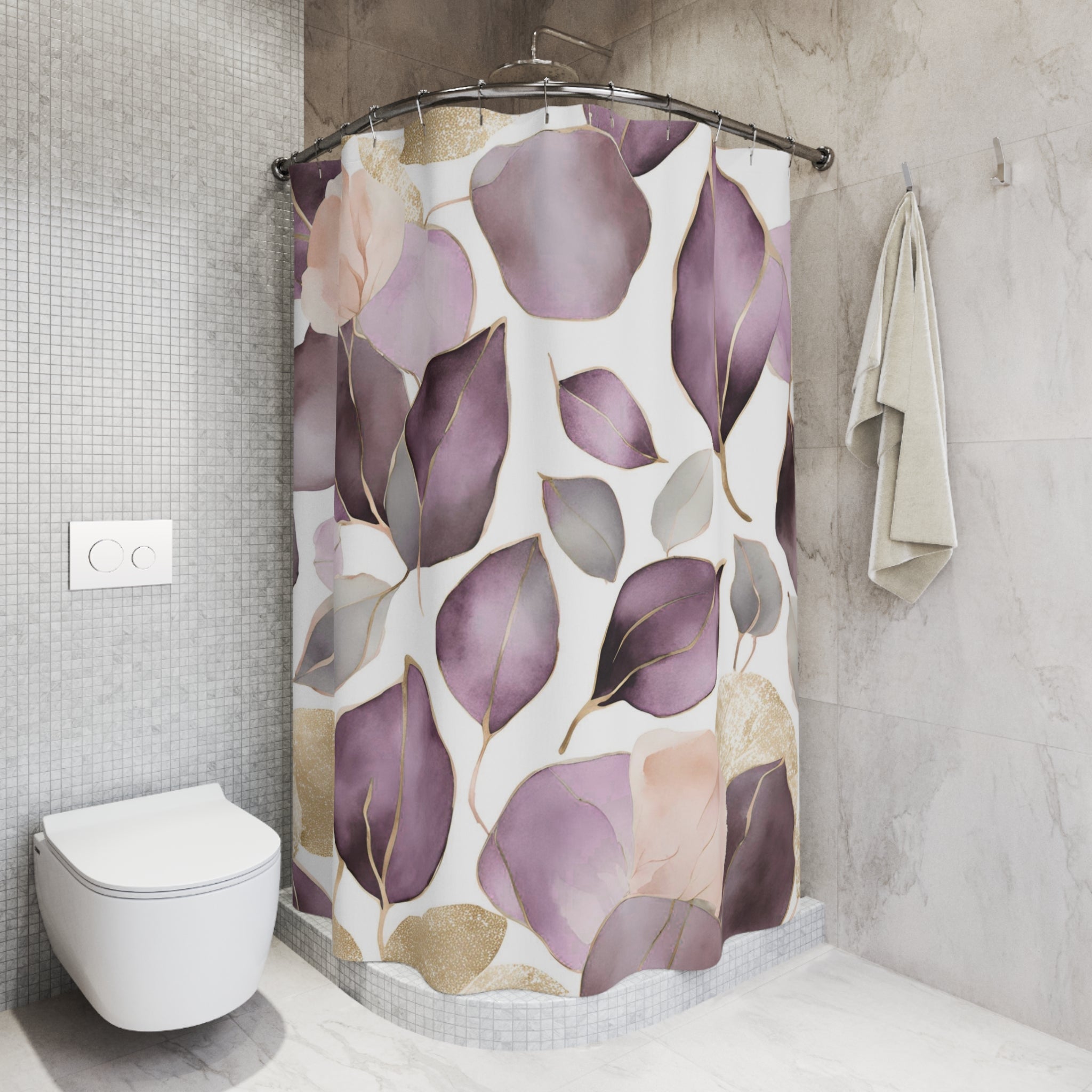 Abstract Shower Curtain | Floral Lavender Purple White Leaves