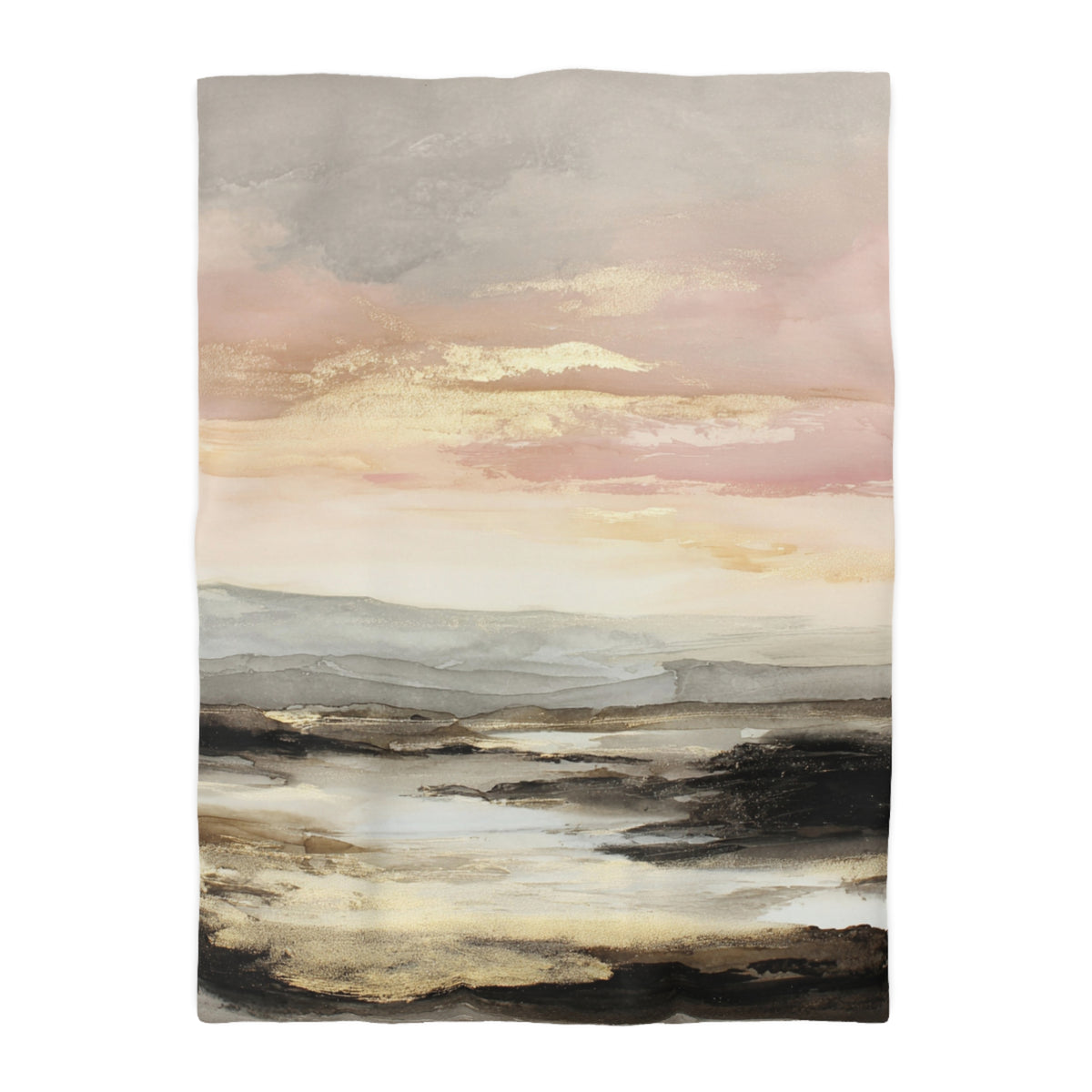 The image is a painting depicting a serene landscape with a body of water, mountains, and a cloudy sky.