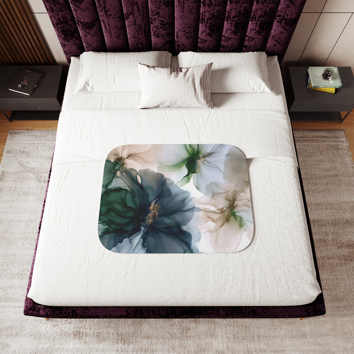 a bed with a purple headboard and white sheets