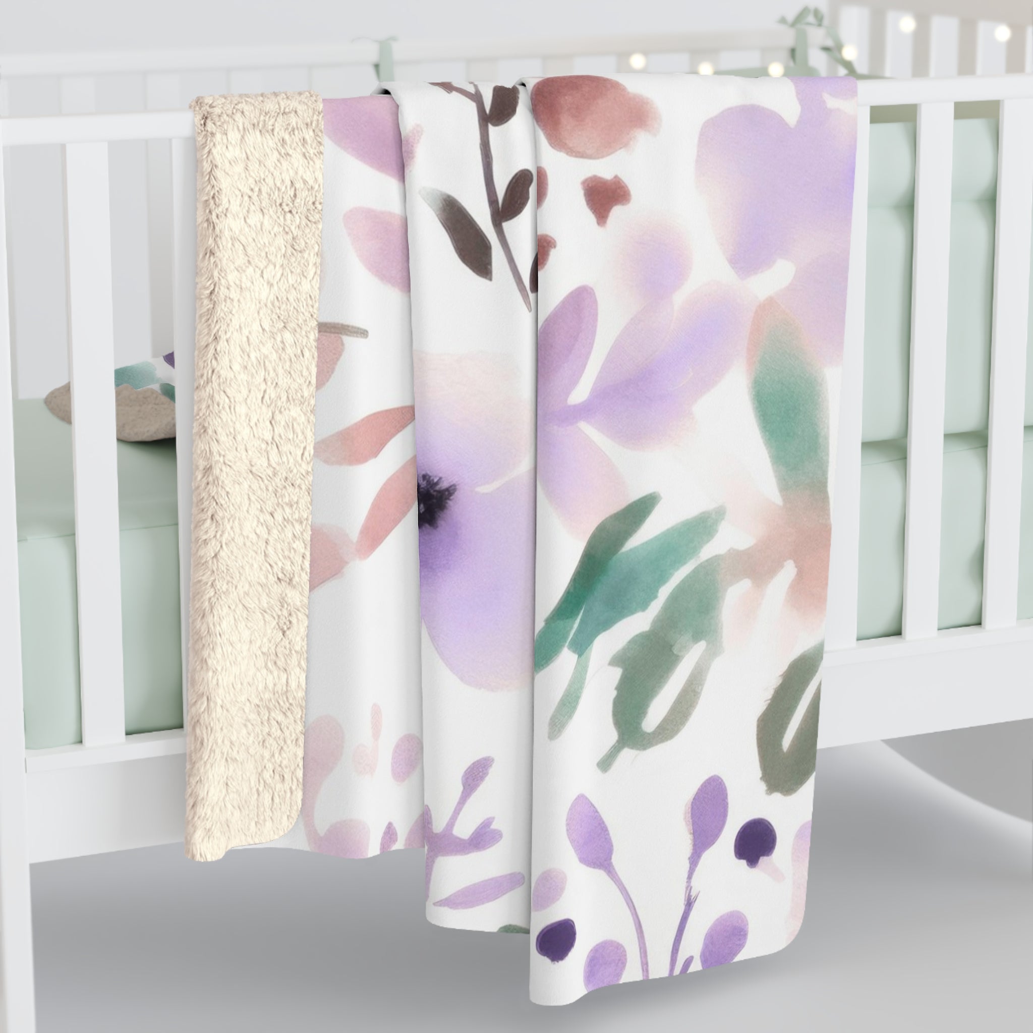 Floral Throw Blanket | White Purple Green Watercolor