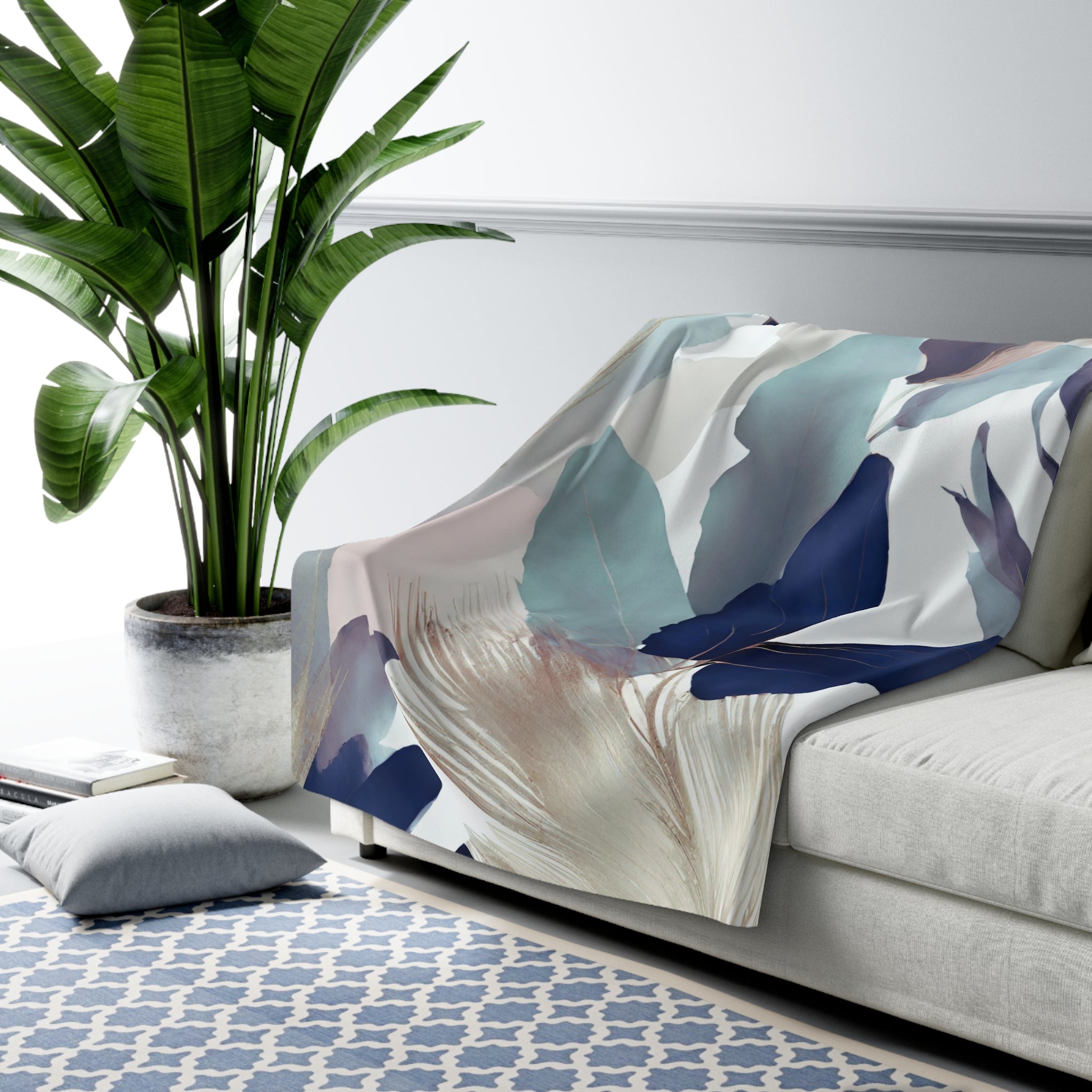 Floral Throw Blanket | Beige, Blue Abstract Leaves