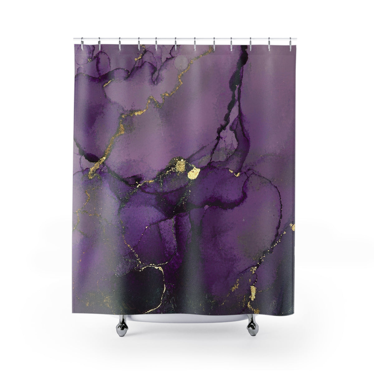 a shower curtain with a purple marble-like design, featuring gold accents.