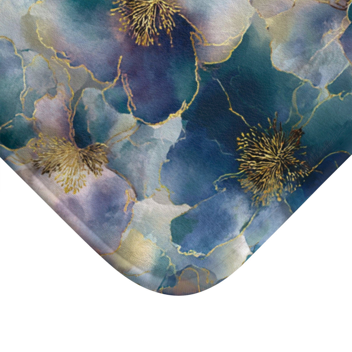 a close-up view of a marble-like pattern with blue, purple, and gold colors. The pattern includes a variety of shapes and textures, including flowers and leaves, creating a visually striking and intricate design.