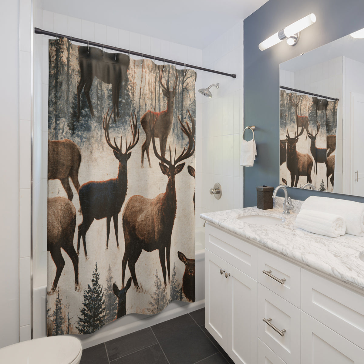 Brown Cream Rustic Deer Herd Shower Curtain, Bath Curtain 71x74