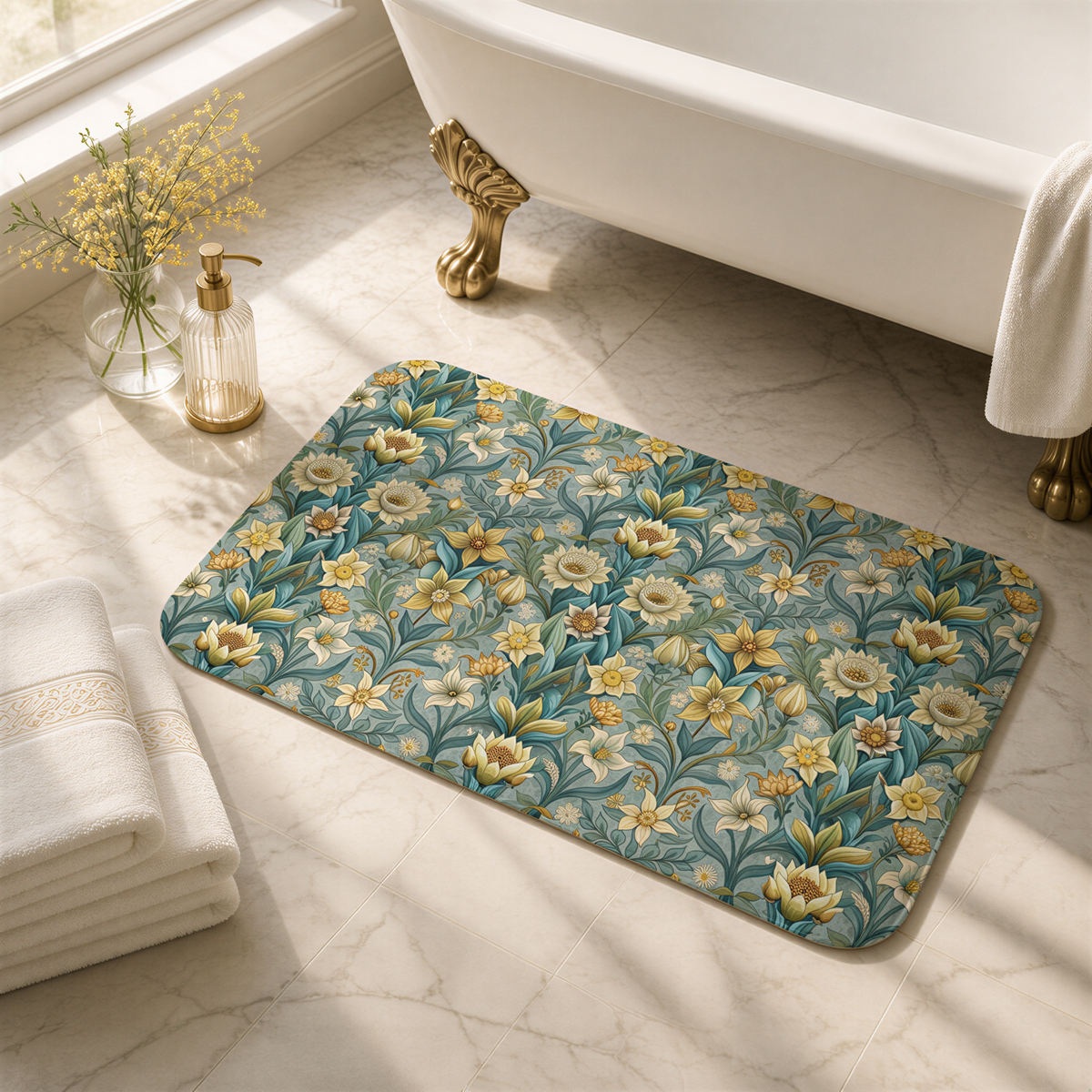 a bathroom with a floral patterned bath mat, a white bathtub, and a vase of yellow flowers on the floor.
