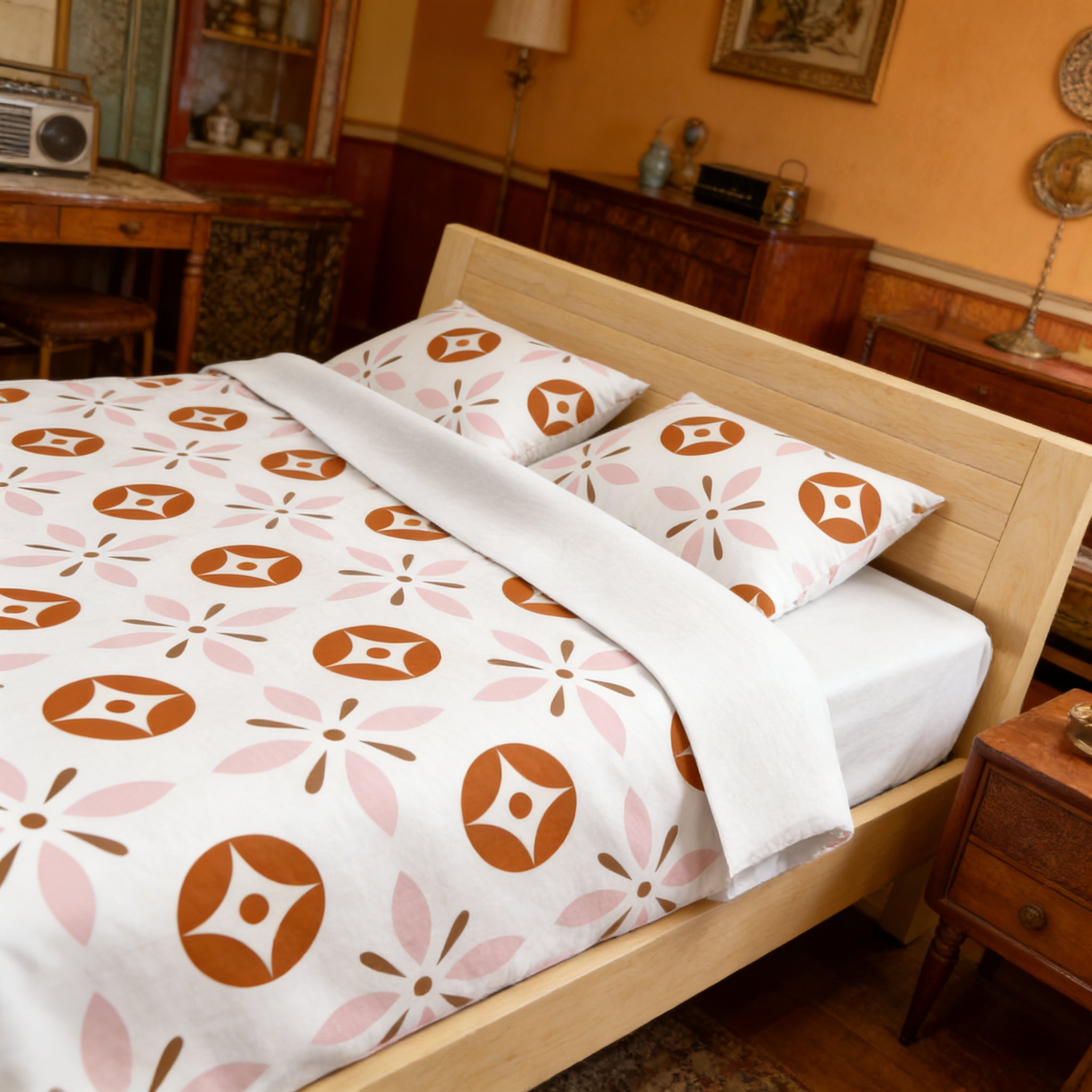 a bedroom with a bed featuring a white and orange floral patterned bedspread and matching pillows. The bed is positioned against a wall with a wooden dresser and a radio in the background.