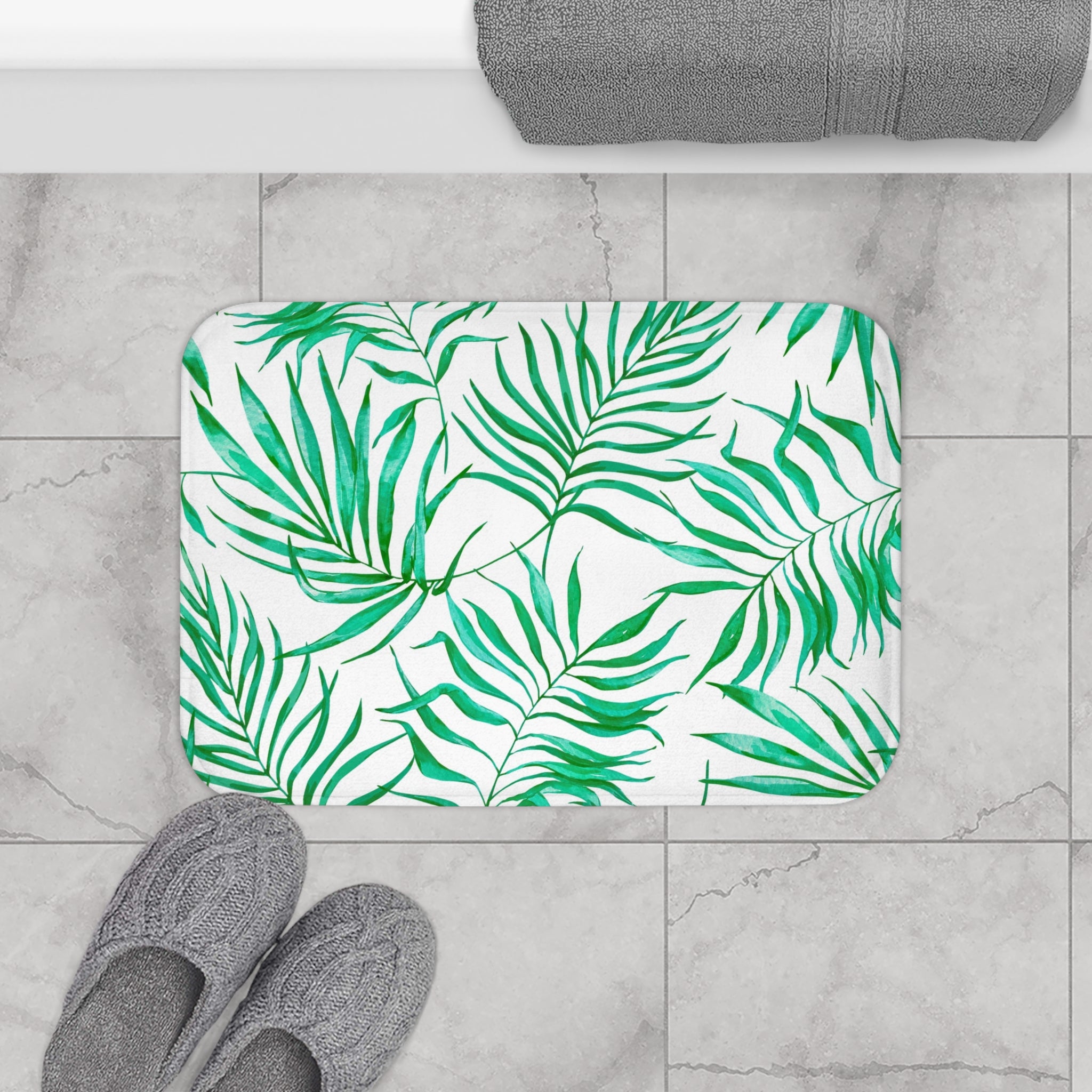 Floral Bath, Kitchen Mat | Tropical Green Palm Leaves, White