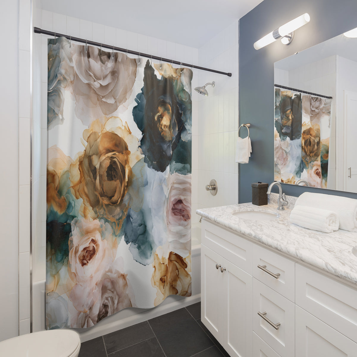Teal Rust Vintage Rose Shower Curtain, Bath Curtain 71x74