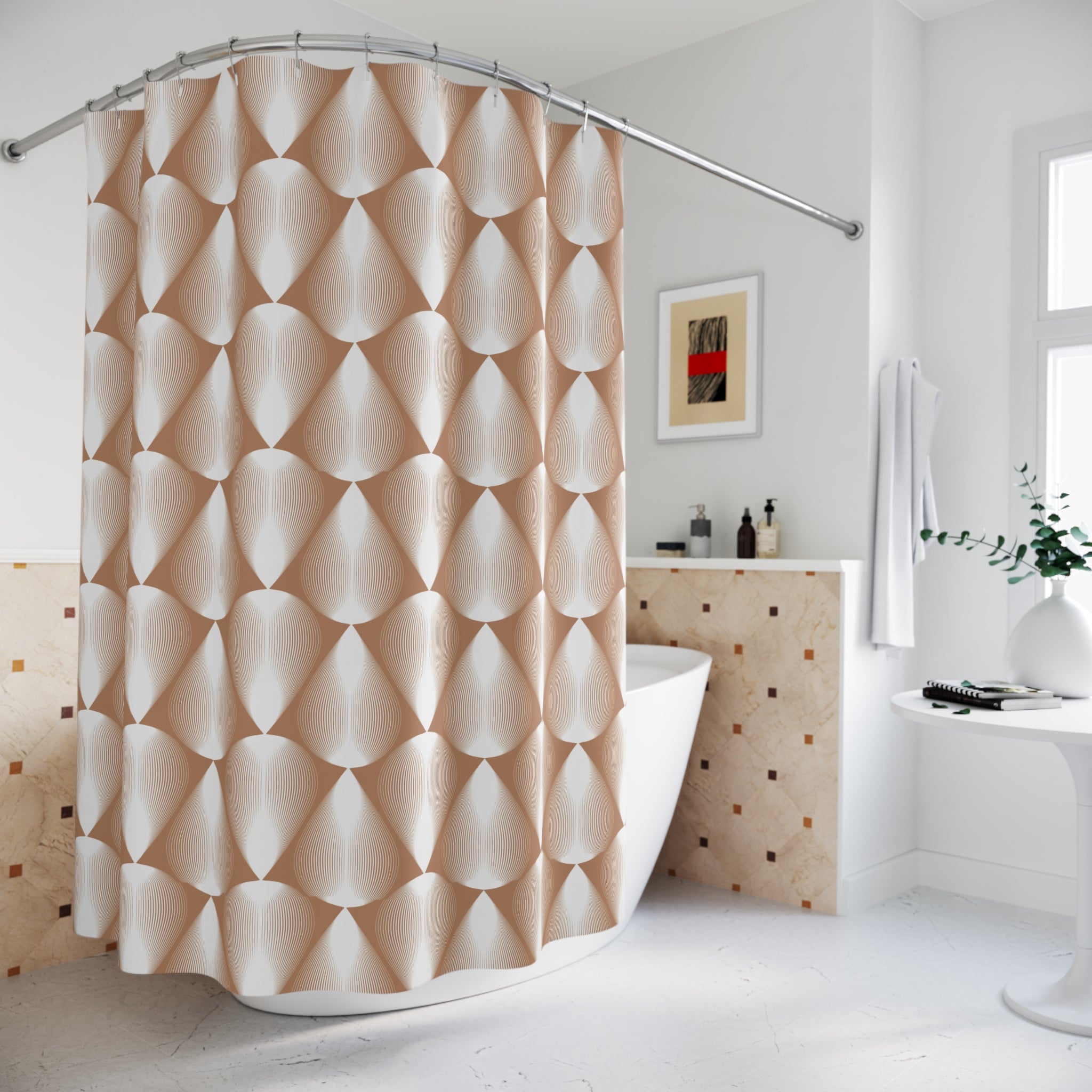 Beige White Shower Curtain | Art Deco, Tear Drops Geometric