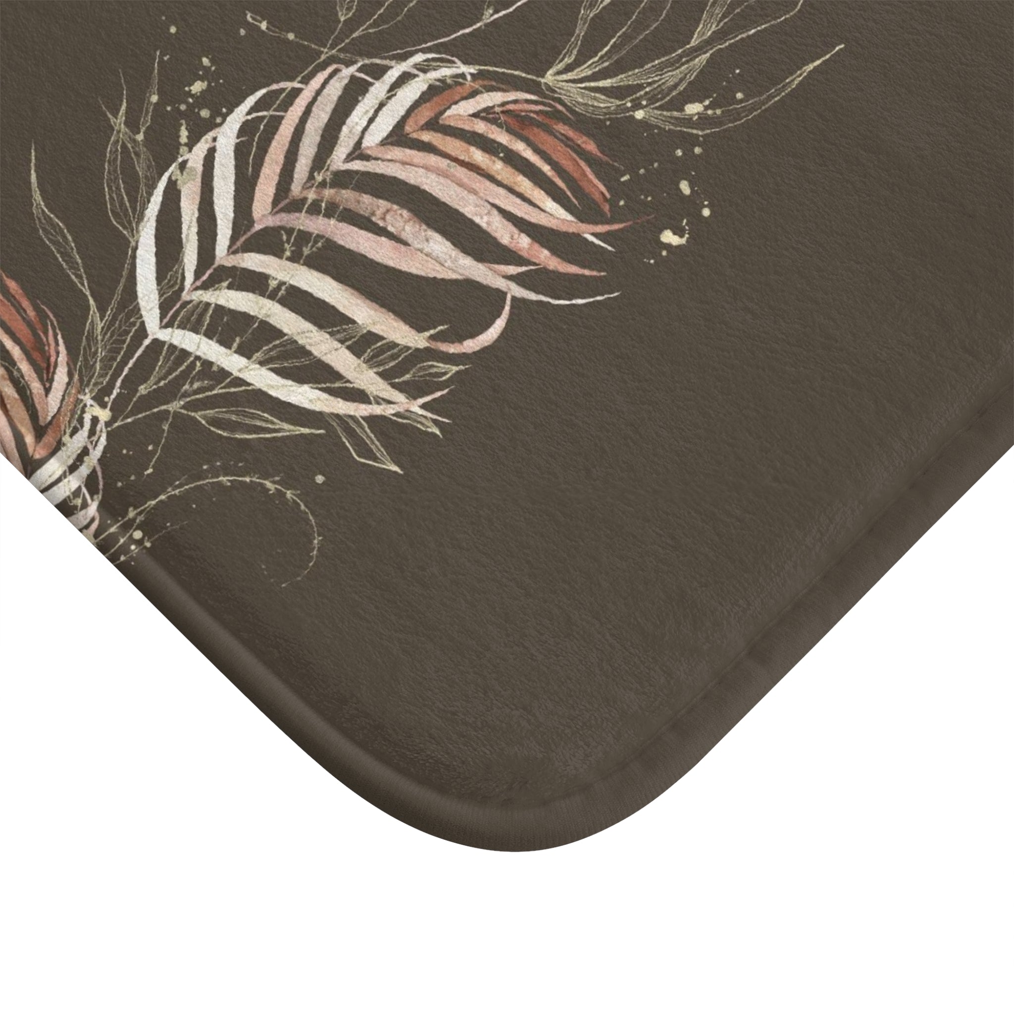 Floral Boho Bath, Kitchen Mat, Rug | Jungle Dark Brown Beige Gold Leaves