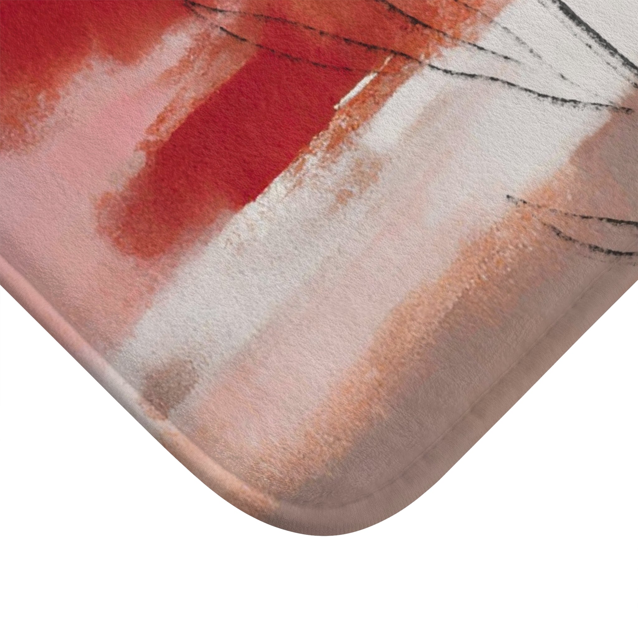 Boho Abstract Bath Mat | Red Pink, Taupe White Line Art Kitchen Mat