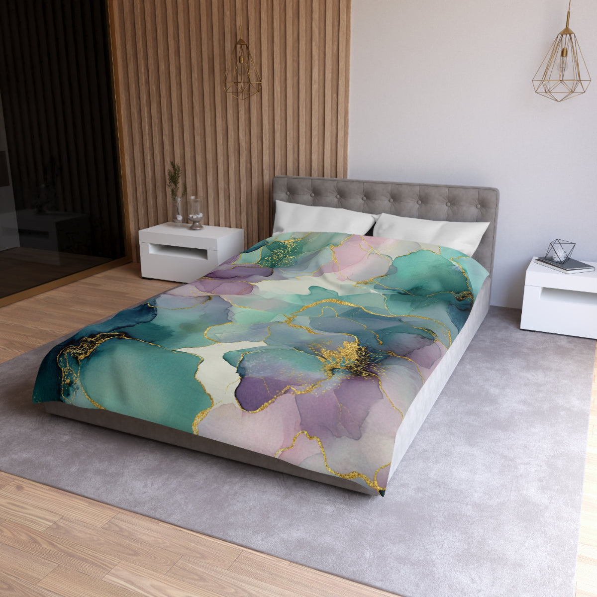 a modern bedroom with a large bed covered in a colorful, abstract floral print. The bed is positioned against a wall with a wooden panel, and there are two nightstands on either side of the bed. The room has a neutral color scheme with white walls and a gray carpet, creating a calm and serene atmosphere.