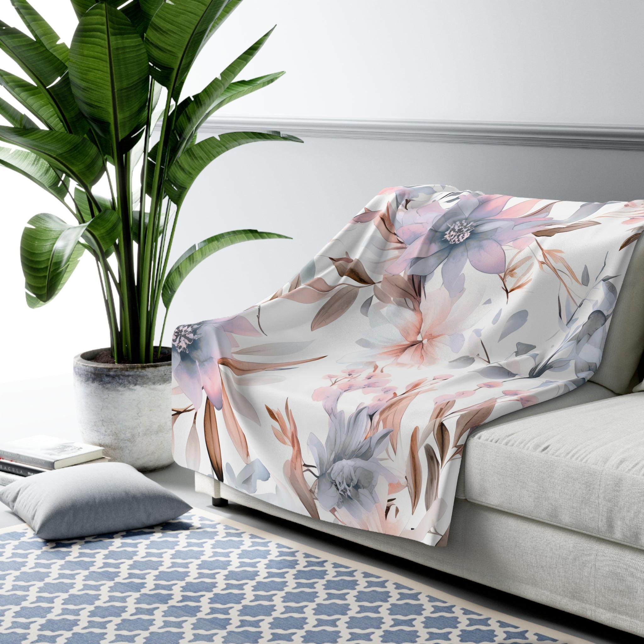 Floral Throw Blanket | White Blush Pink, Pale Blue Beige