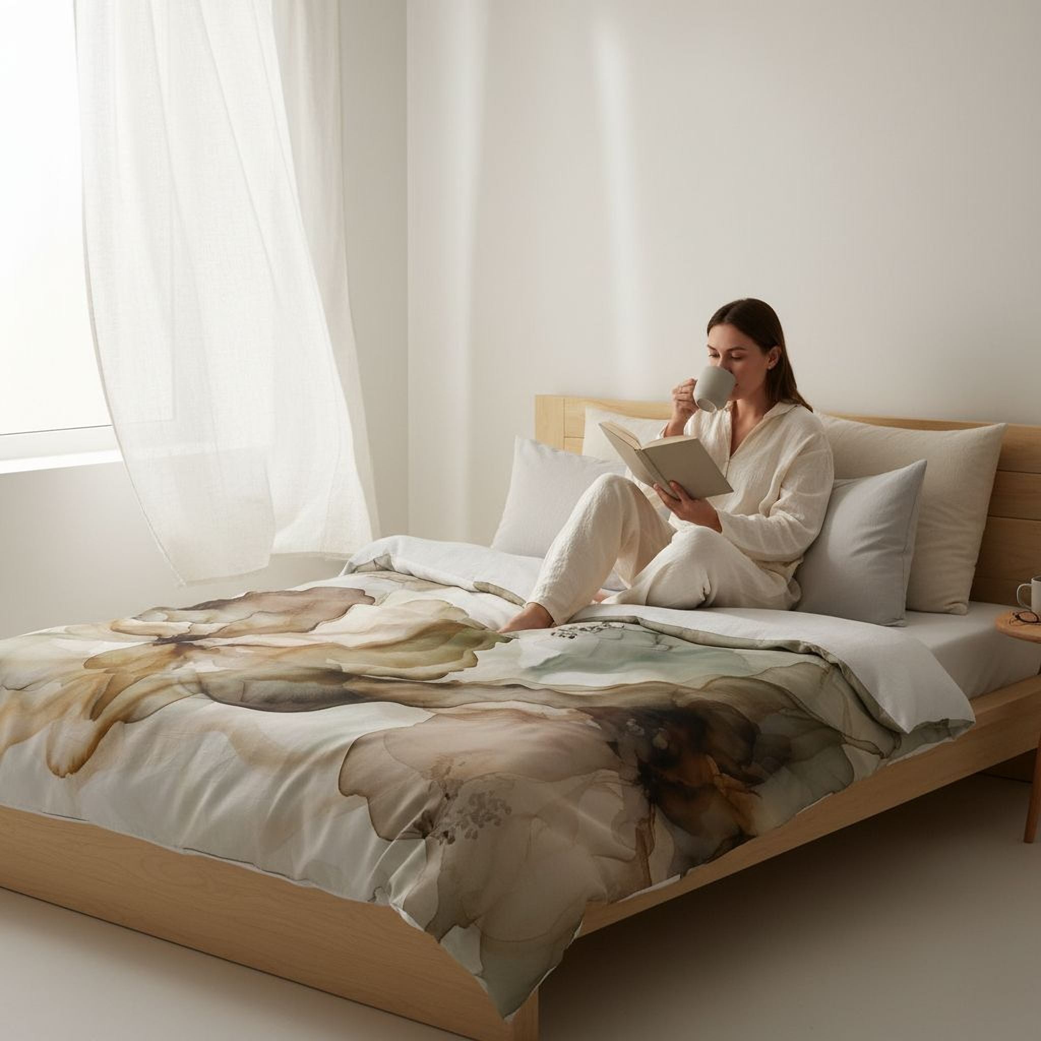 A woman is sitting on a bed, reading a book and drinking from a cup.