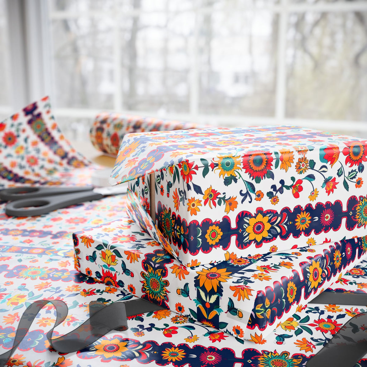 Red Navy White Folk Floral Wrapping Paper, Gift Wrap