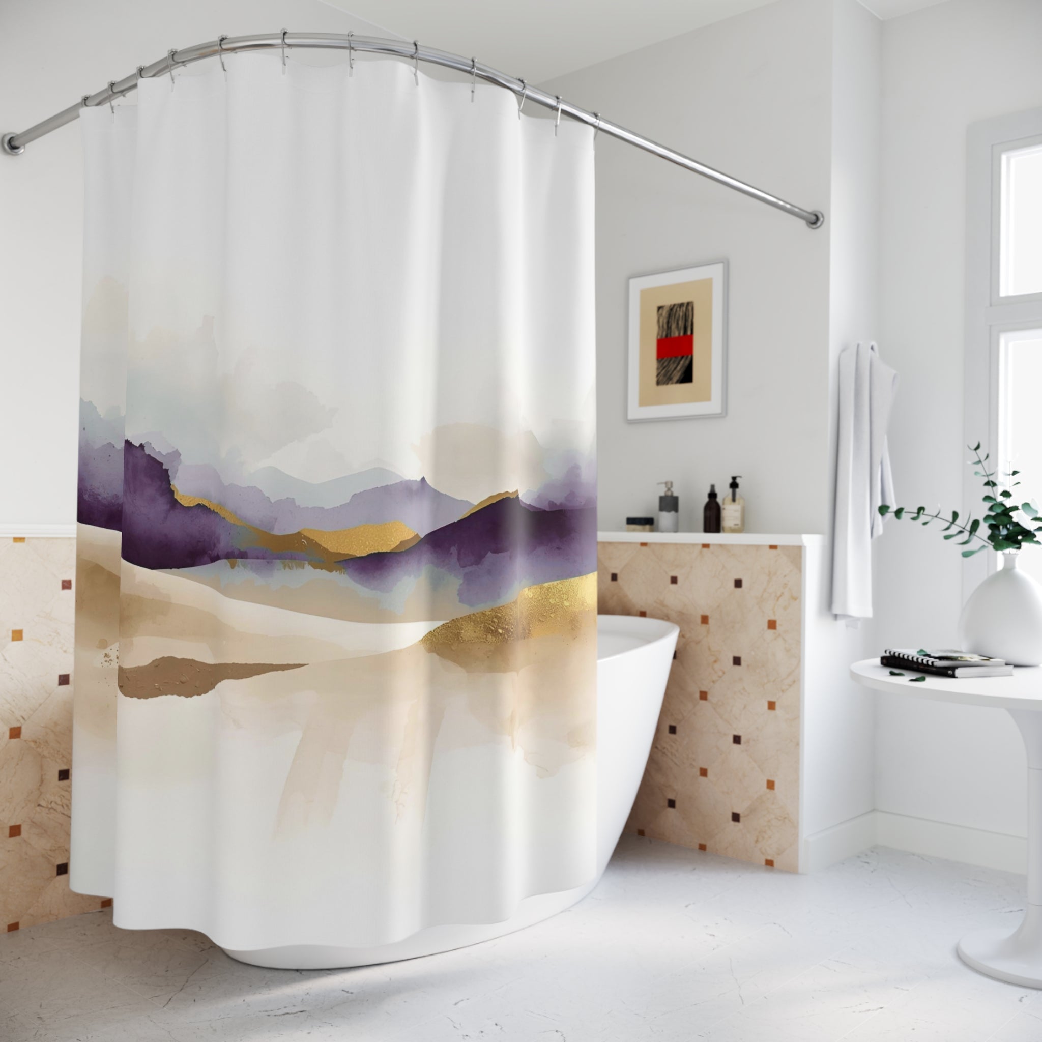 Abstract Shower Curtain | Artsy White Beige Purple Watercolor