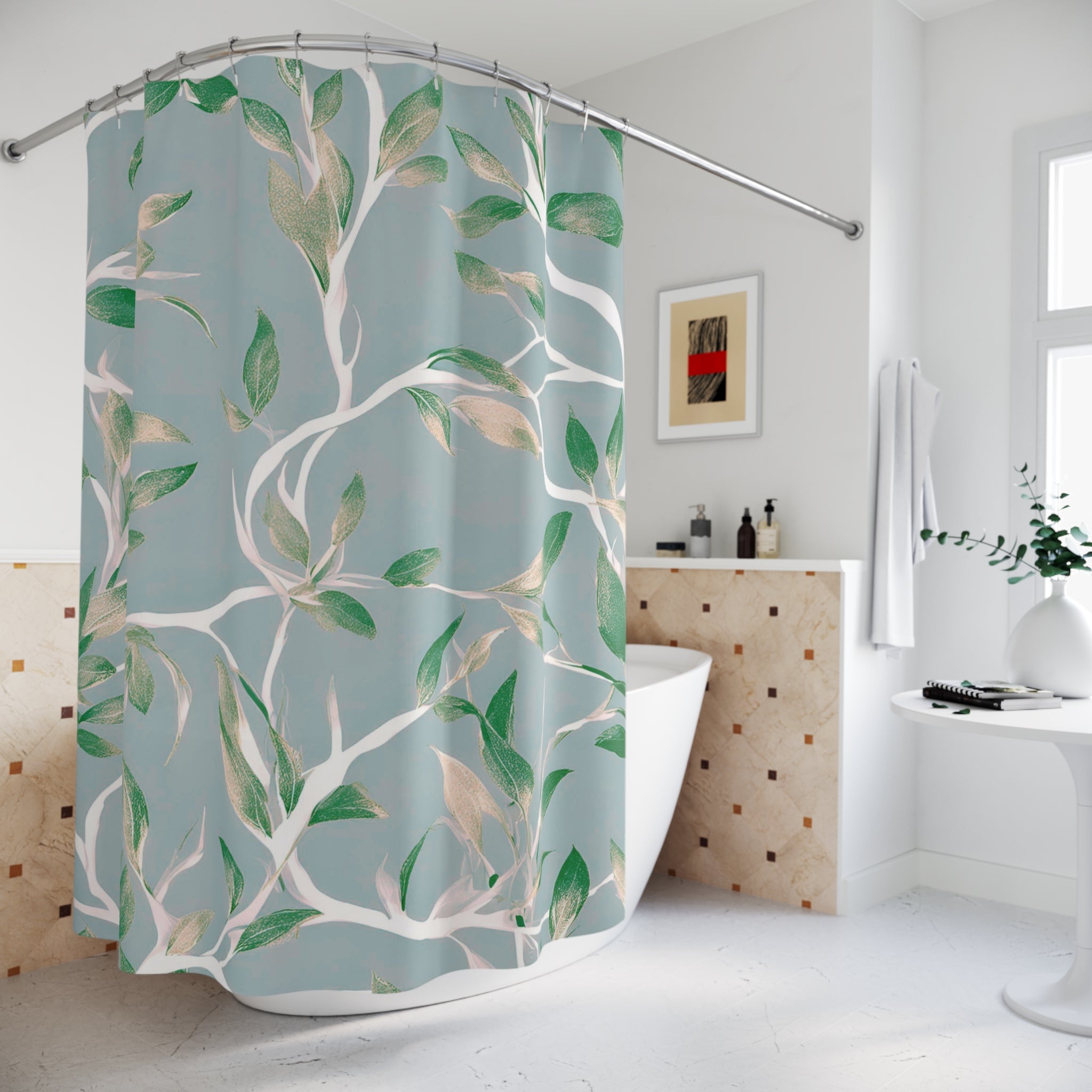 Boho Shower Curtain | Grey Green, Gold Beige White Leaves