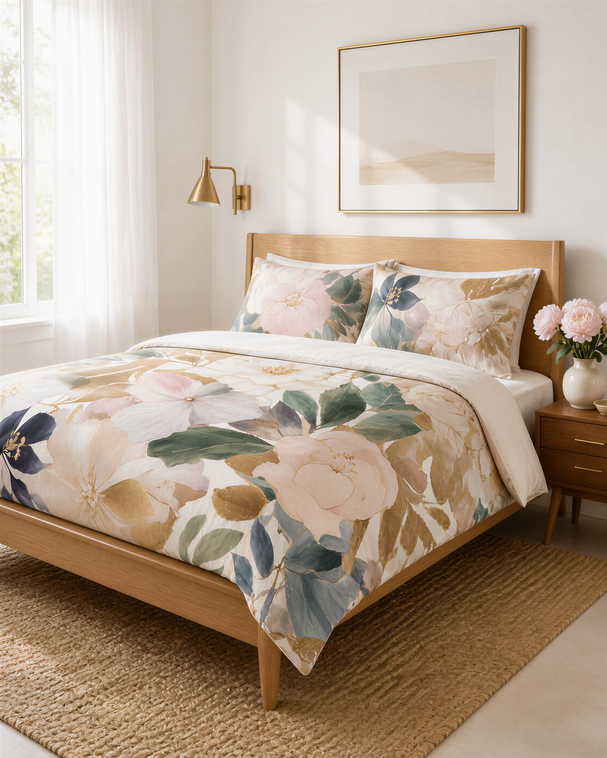 a bedroom with a large bed covered in a floral print comforter and pillows. The bed is positioned against a wall with a framed picture above it. The room has a window and a wooden headboard, creating a cozy and inviting atmosphere.