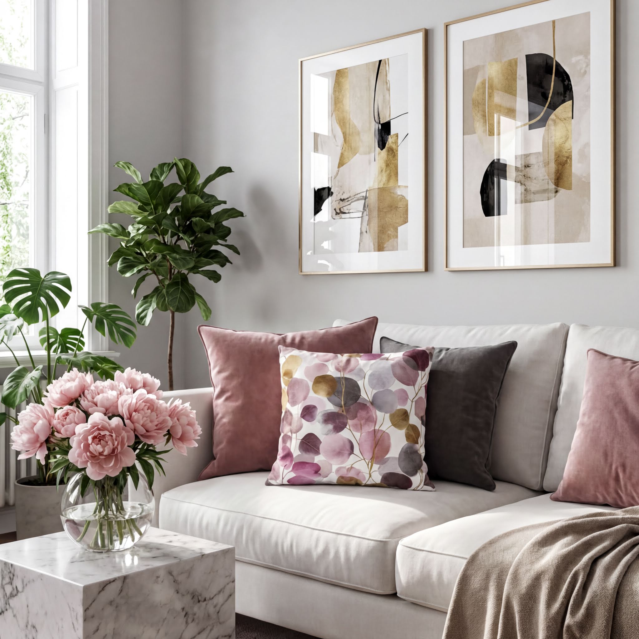 a well-decorated living room with a white sofa adorned with colorful throw pillows, a marble coffee table, and two framed abstract artworks on the wall.