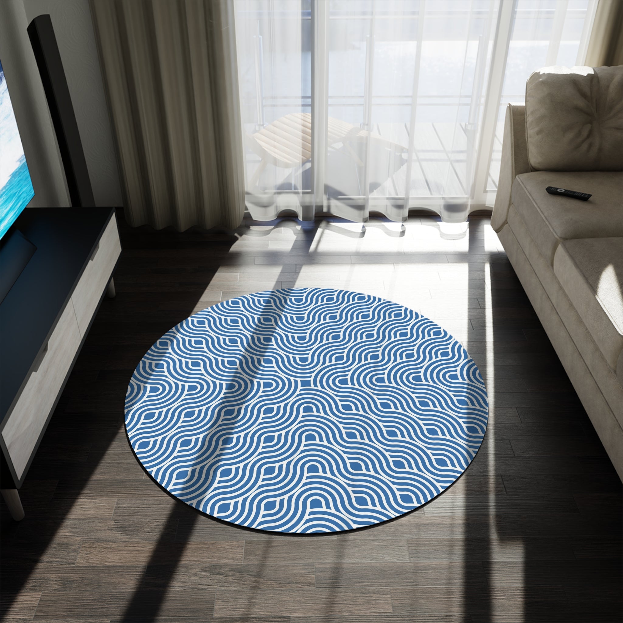 Art Deco Round Area Rug | Retro Blue White, Art Nouveau Waves