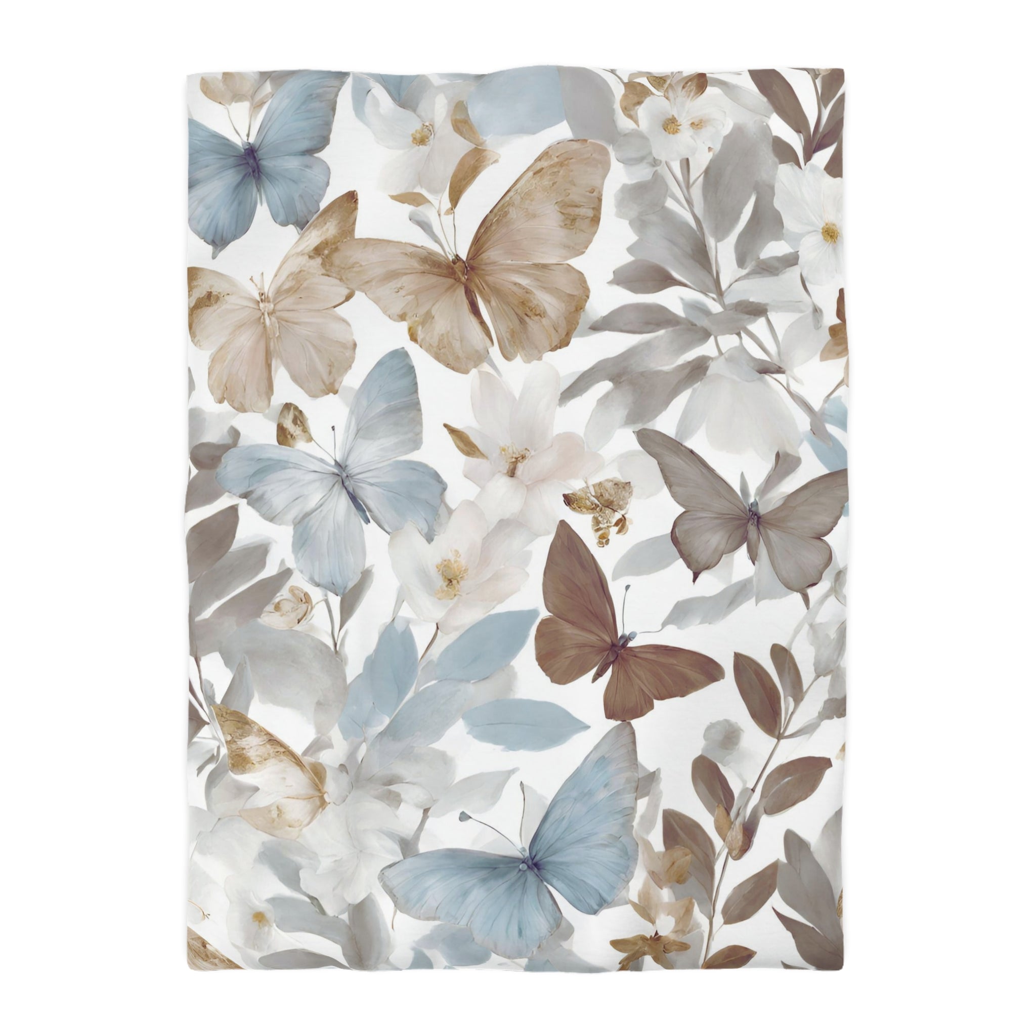 a repeating pattern of butterflies and flowers in various shades of blue, brown, and white.