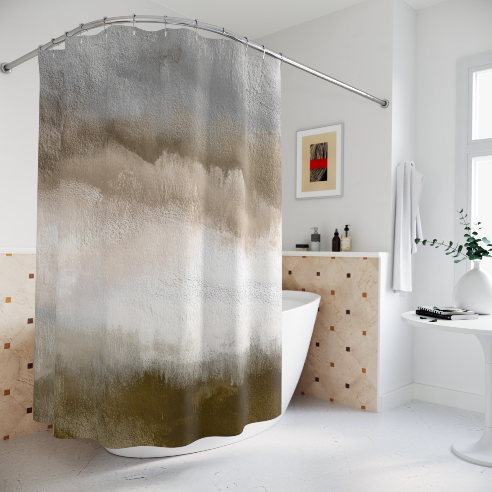 Abstract Watercolor Shower Curtain | Grey Beige Ombre Bathroom Decor