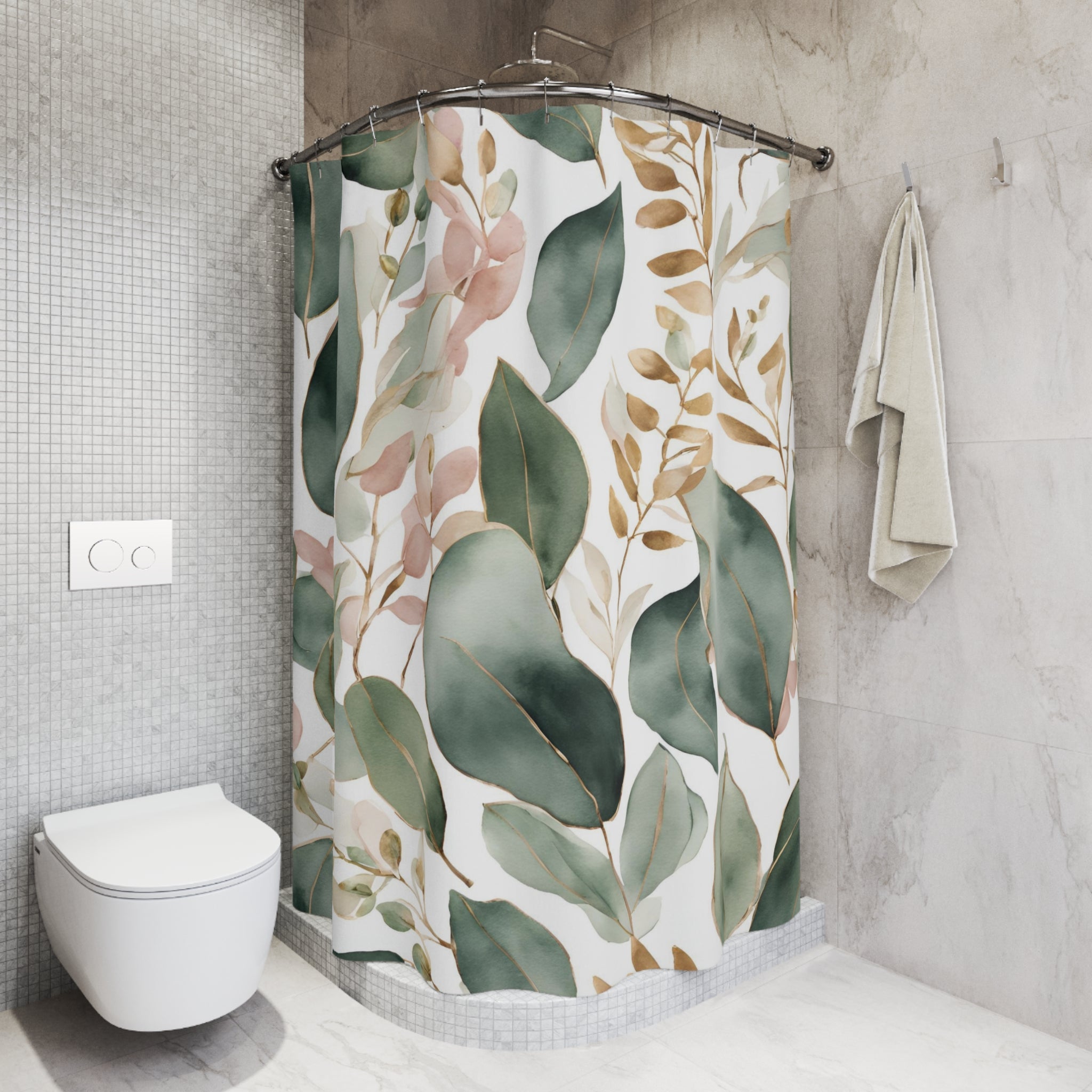 Floral Shower Curtain, Bath Mat | Sage Green, Blush White Watercolor Bathroom Set