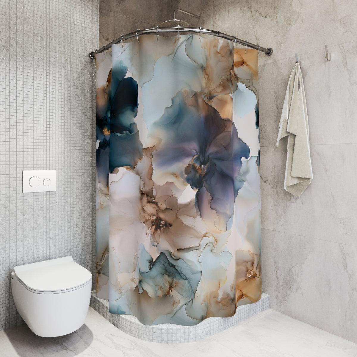 Navy Beige Ink Floral Shower Curtain, Bath Curtain 71x74