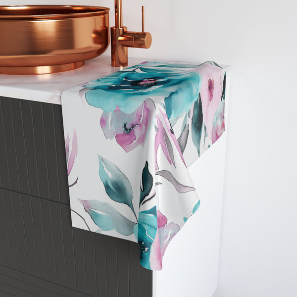 Kitchen, Bath Hand Towel |  Floral Pink, White Teal Blue Towel