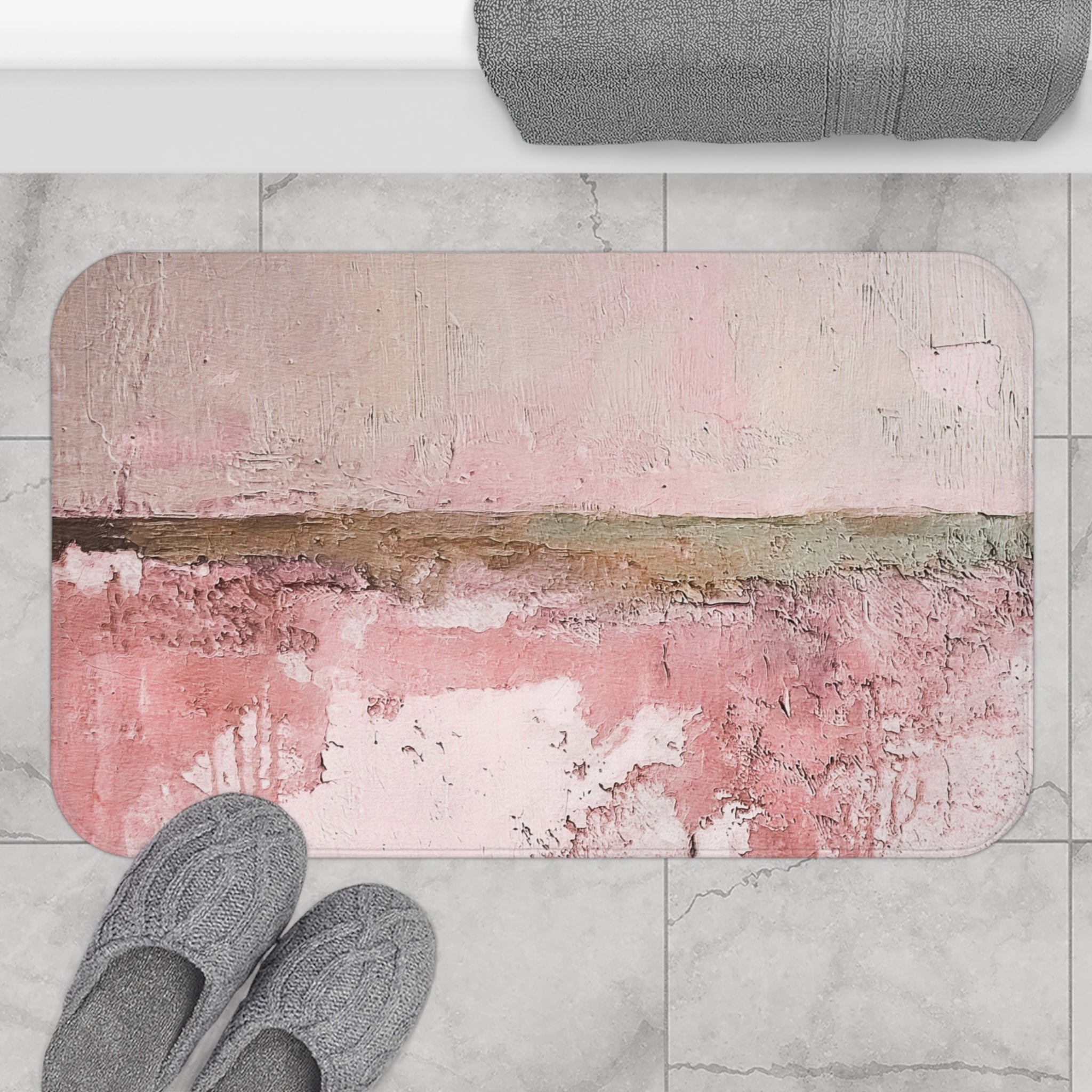 Rustic Abstract Bath Mat | Blush Pink Beige Kitchen Mat